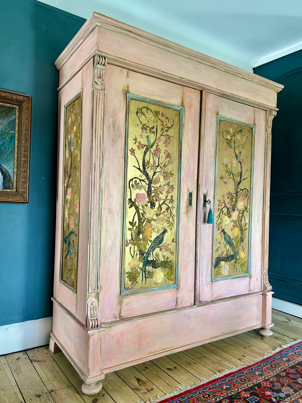 Vintage Painted Pine Wardrobe with Inlaid Chinoiserie