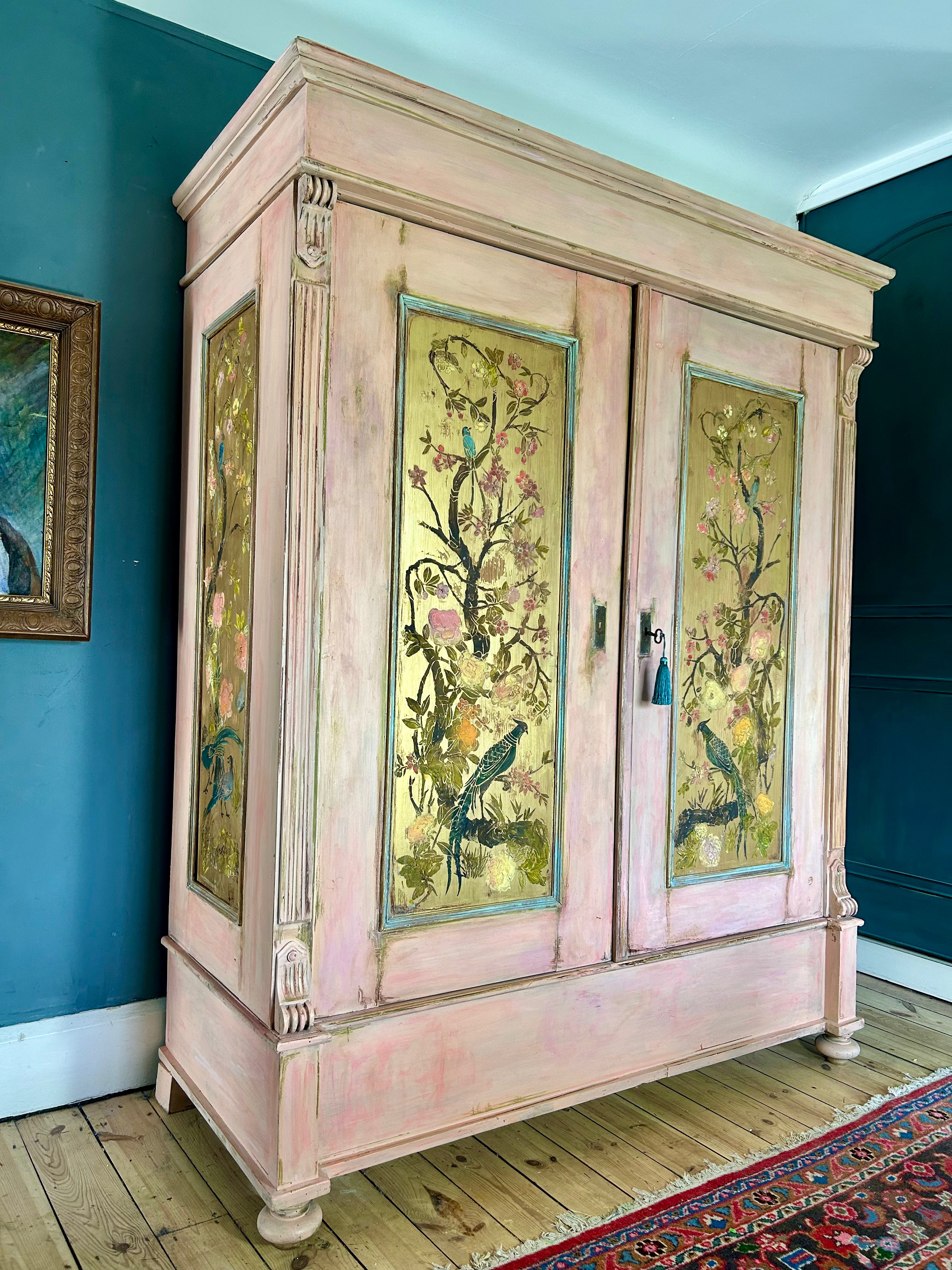Vintage Painted Pine Wardrobe with Inlaid Chinoiserie