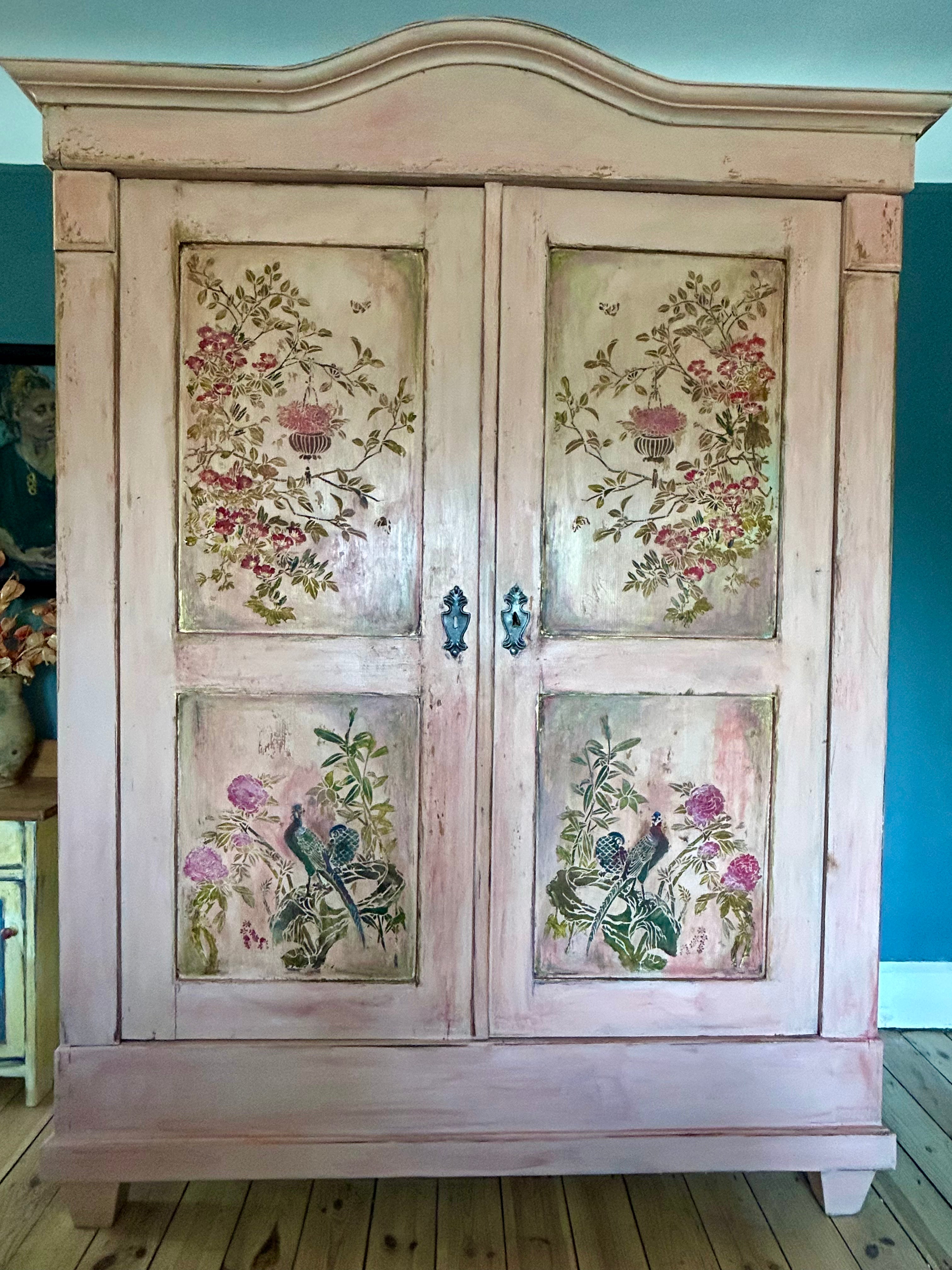 Vintage Painted Pine Double Wardrobe with Inlaid Chinoiserie