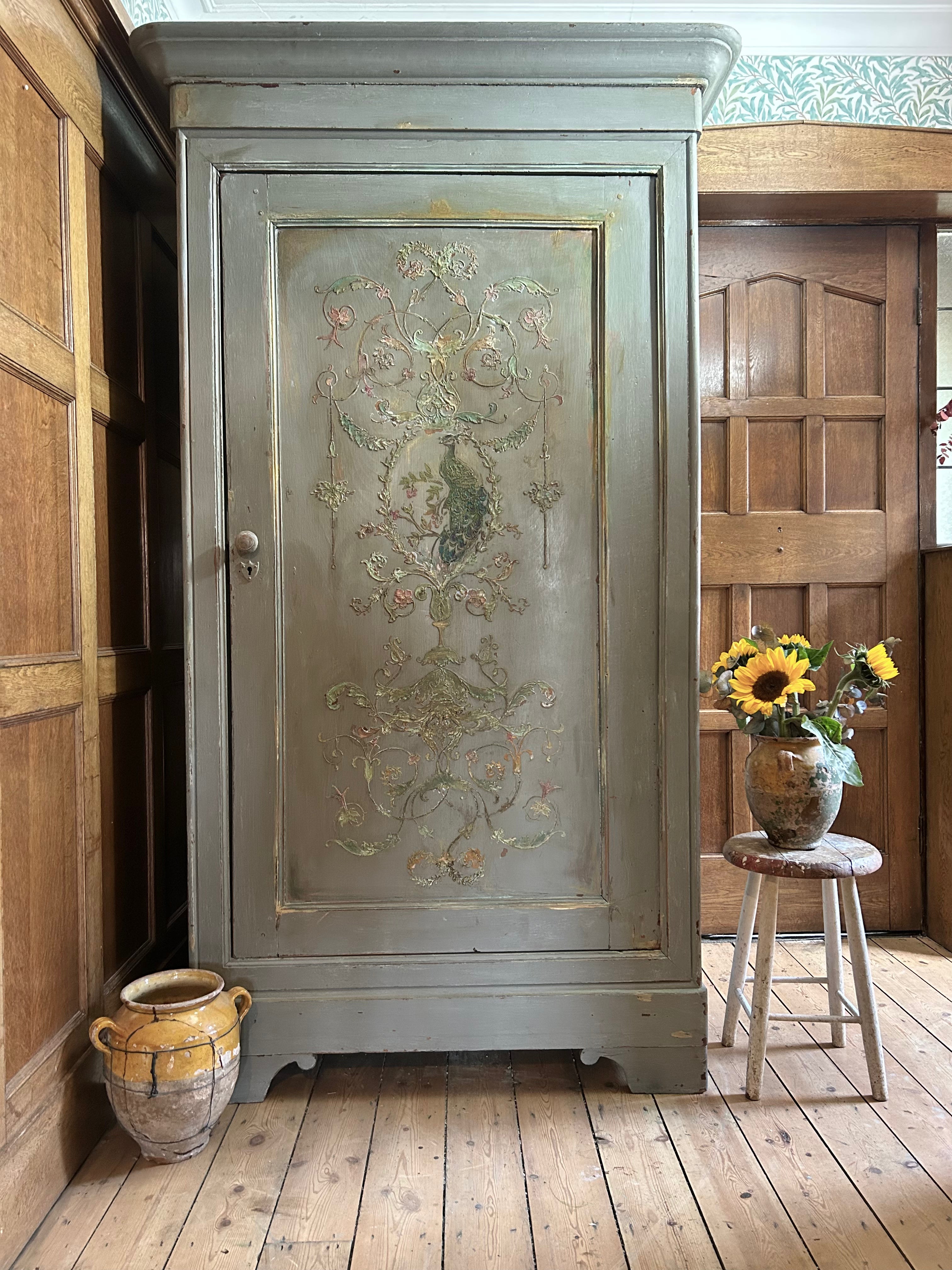 Vintage French Painted Linen Press/Wardrobe with Inlaid Chinoiserie