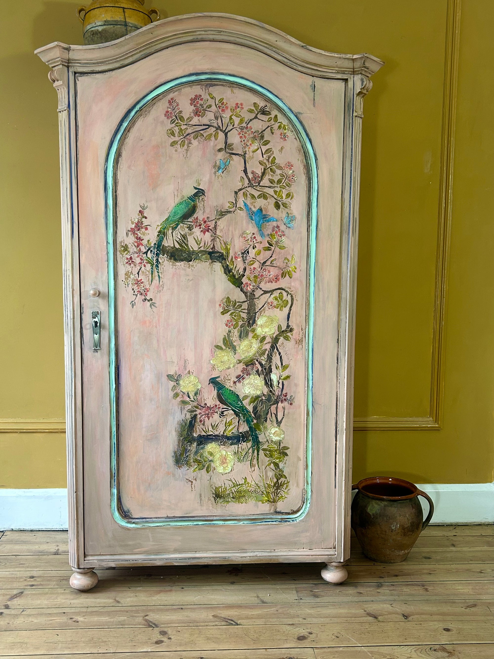 Vintage Painted Pine Armoire with Inlaid Chinoiserie