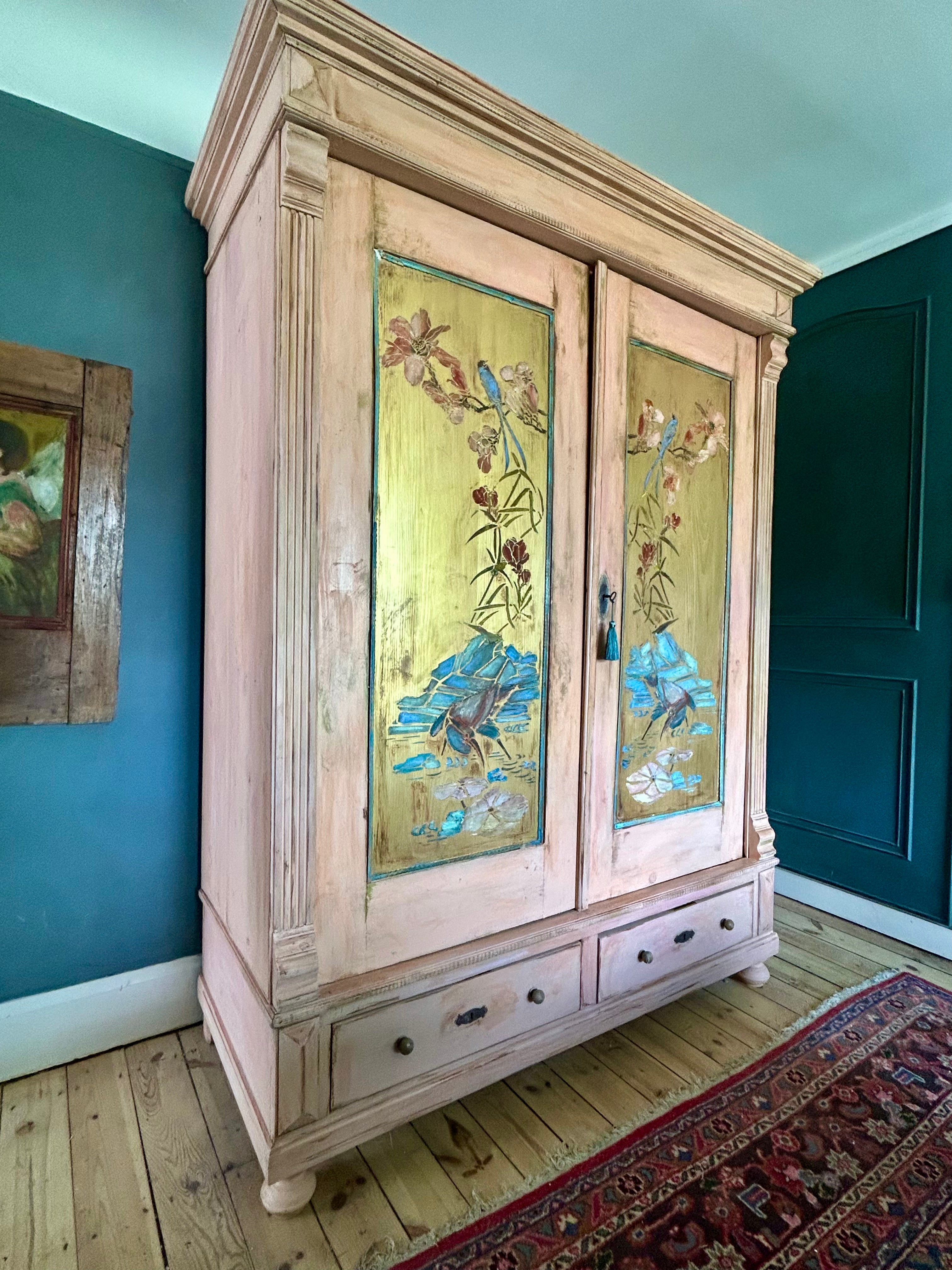 Vintage Painted Pine Double Wardrobe with Inlaid Chinoiserie Panels