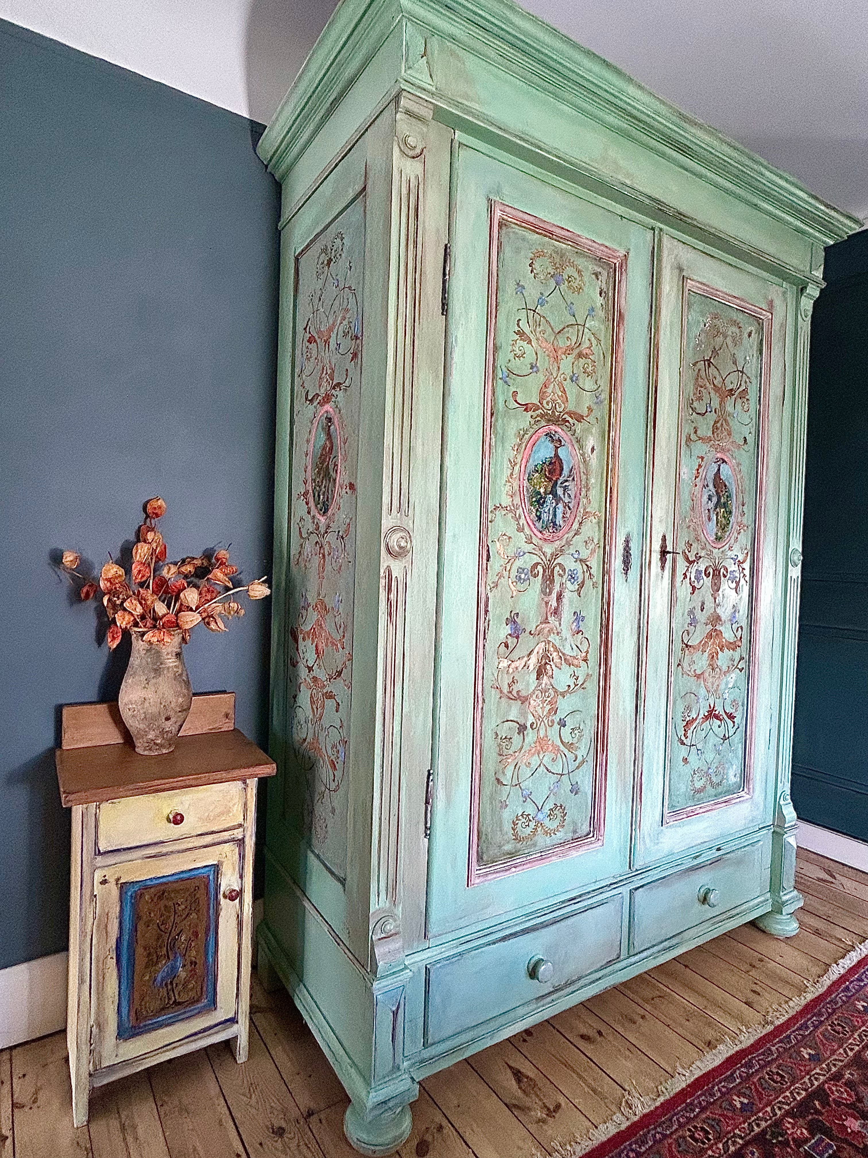 Vintage Painted Pine Double Wardrobe with Inlaid Versailles Style Panels