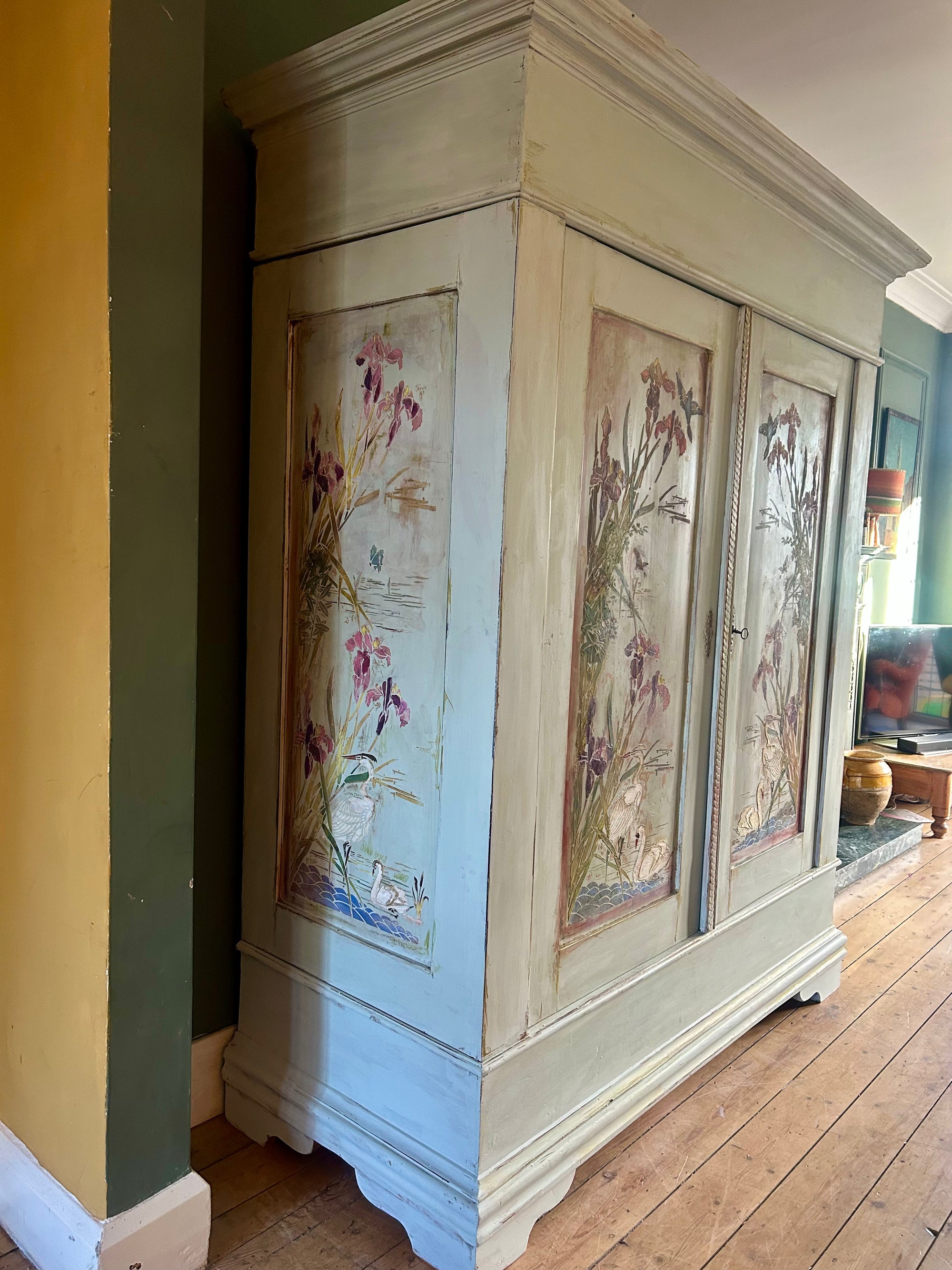 Antique Painted Pine Large Wardrobe with Chinoiserie