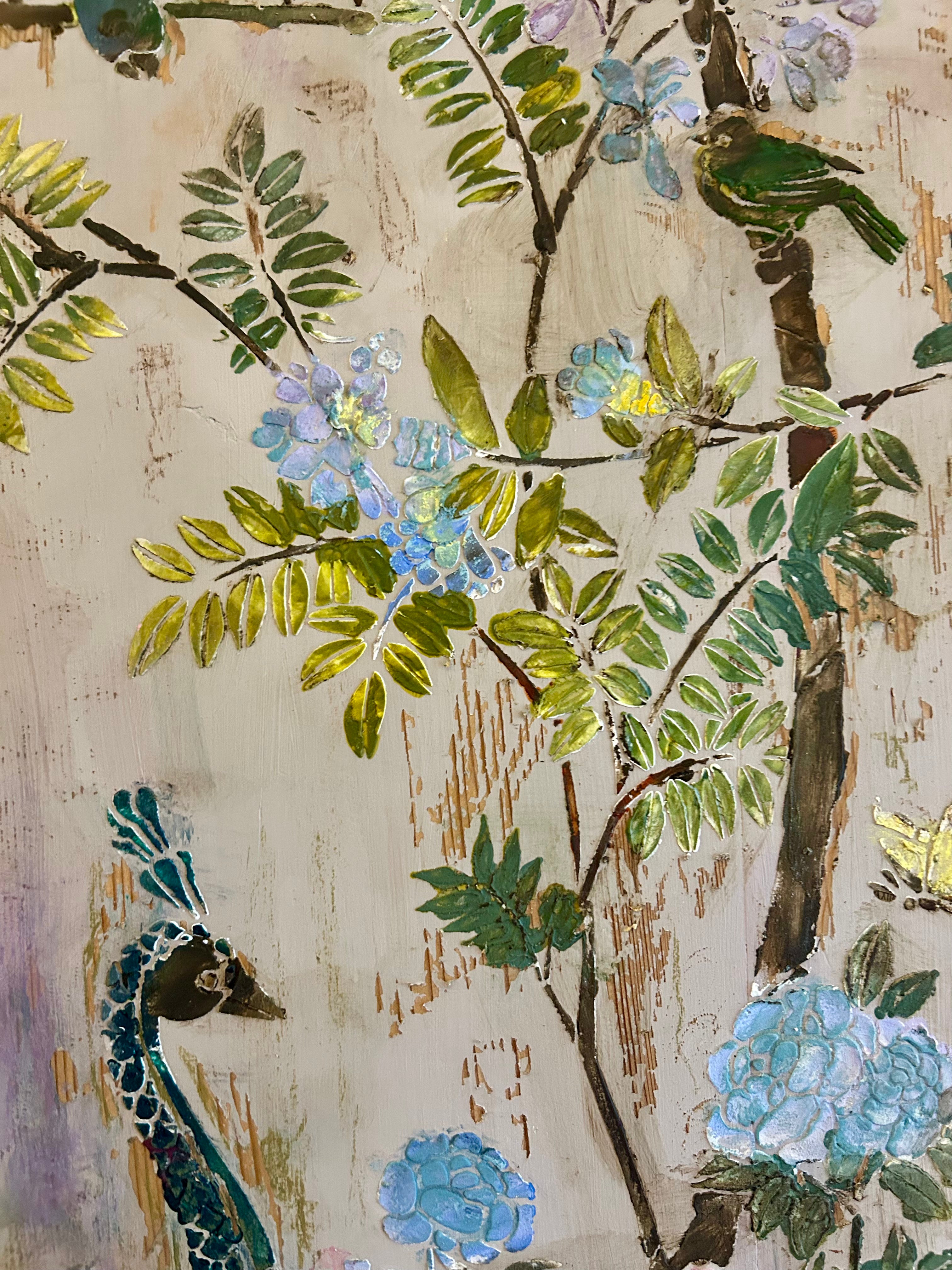 Vintage Painted Pine Linen Press/ Armoire with Inlaid Chinoiserie