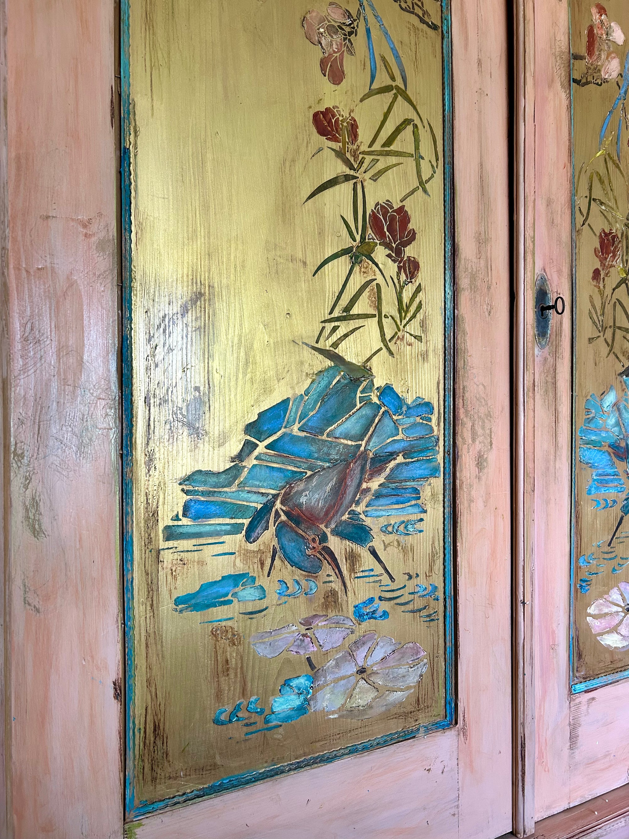 Vintage Painted Pine Double Wardrobe with Inlaid Chinoiserie Panels