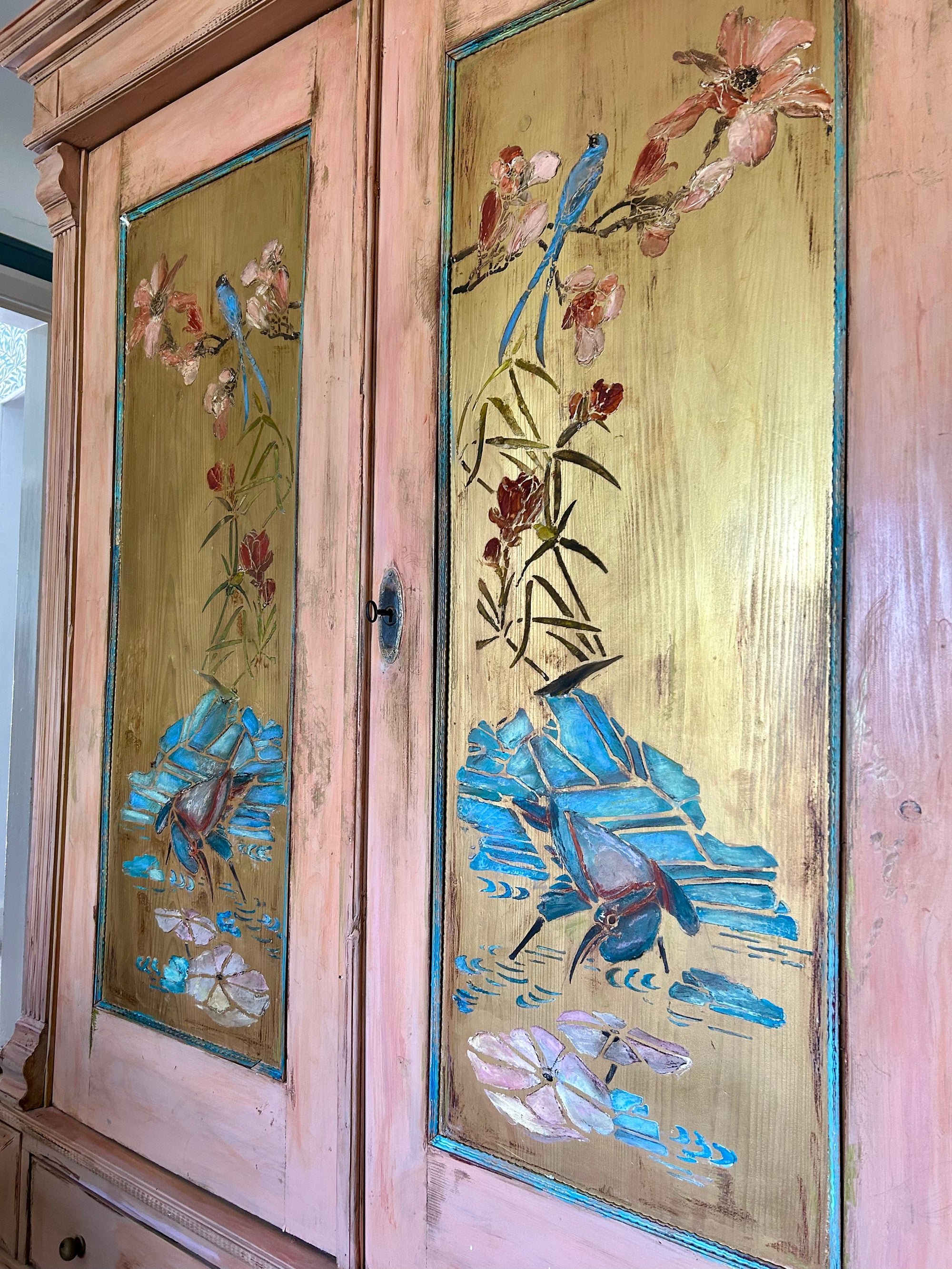 Vintage Painted Pine Double Wardrobe with Inlaid Chinoiserie Panels