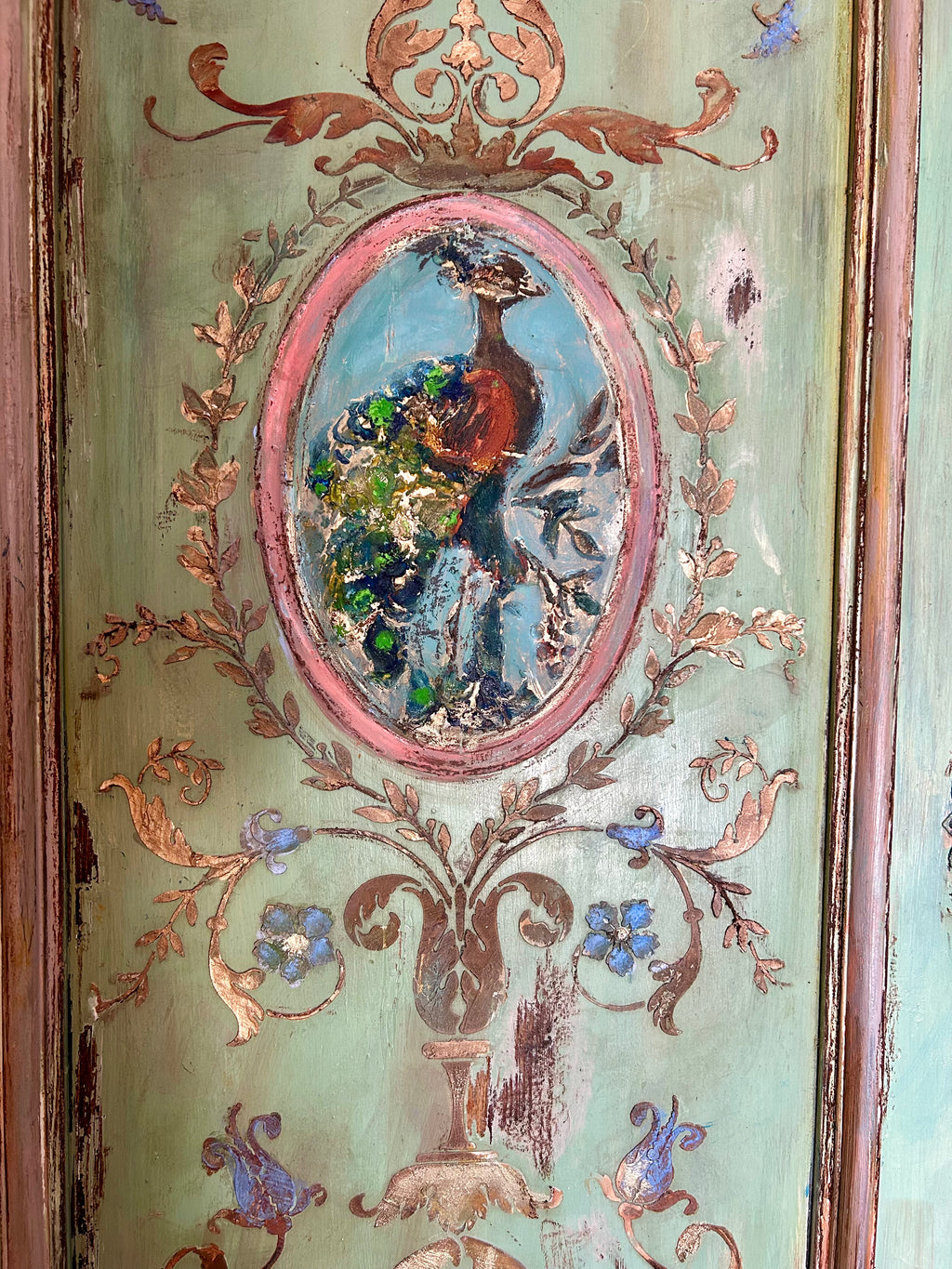 Vintage Painted Pine Double Wardrobe with Inlaid Versailles Style Panels