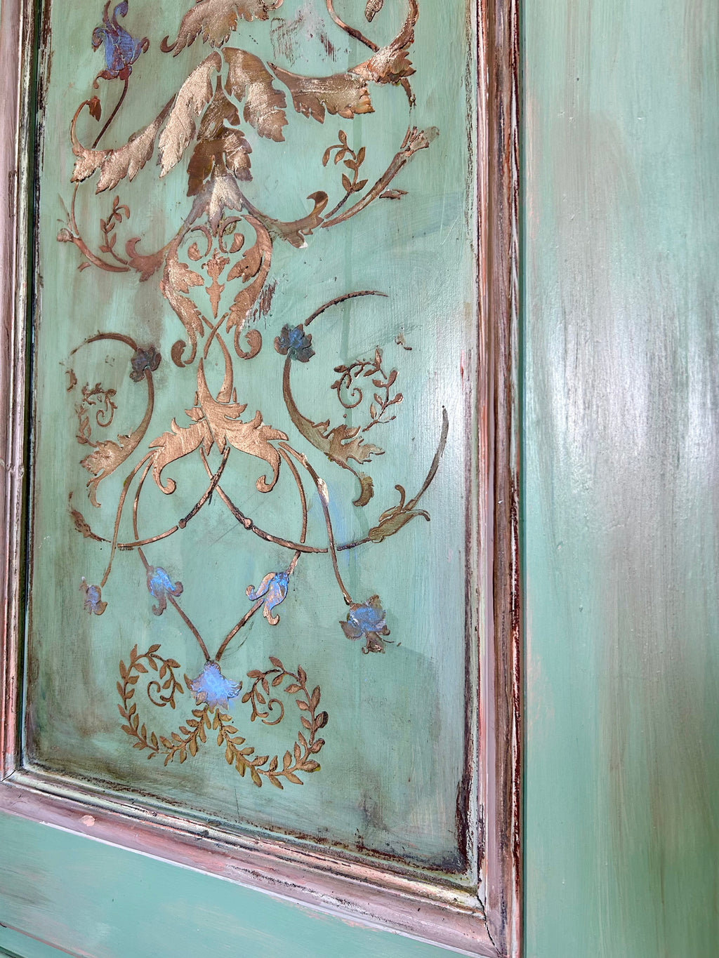 Vintage Painted Pine Double Wardrobe with Inlaid Versailles Style Panels