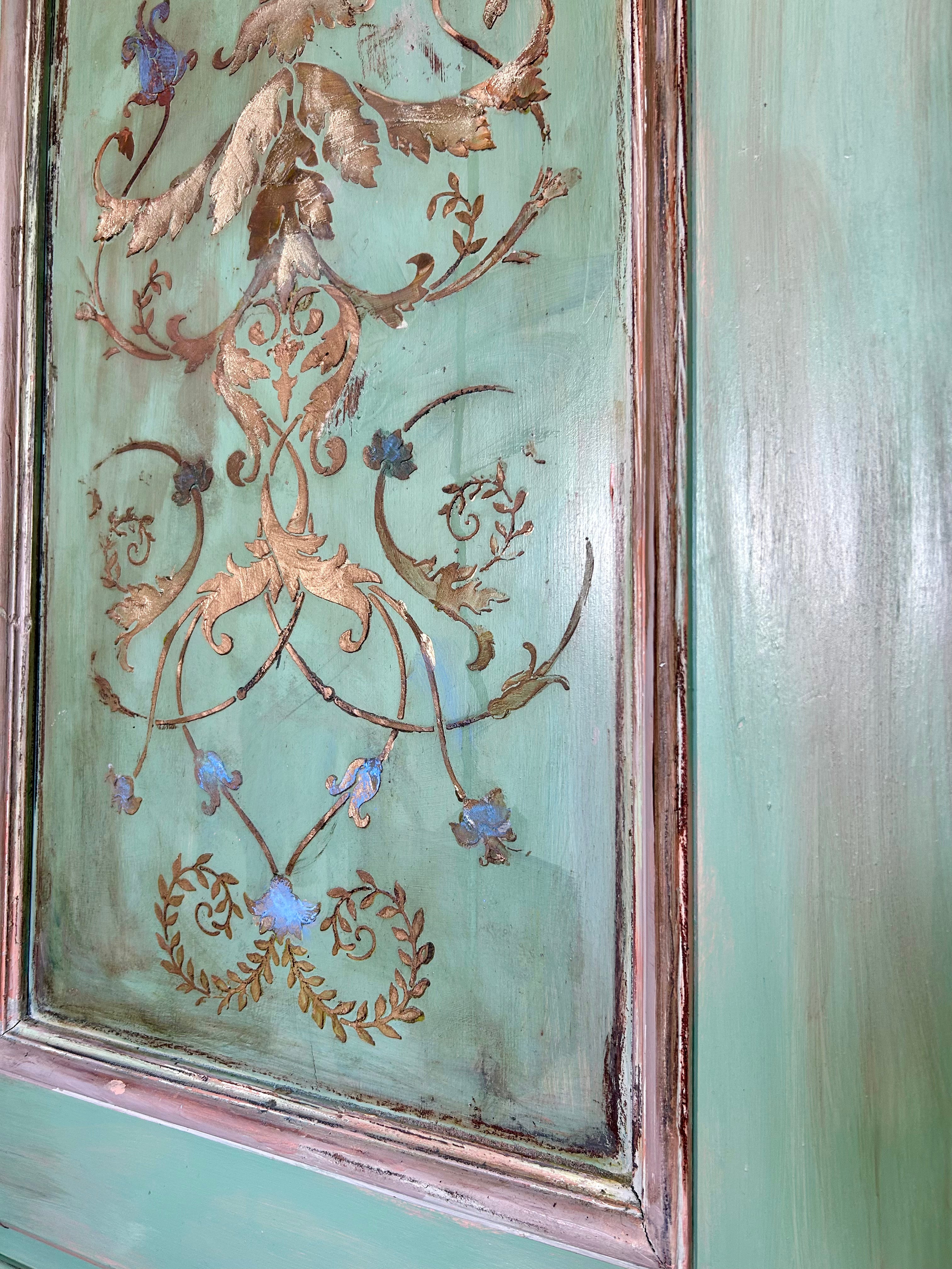 Vintage Painted Pine Double Wardrobe with Inlaid Versailles Style Panels