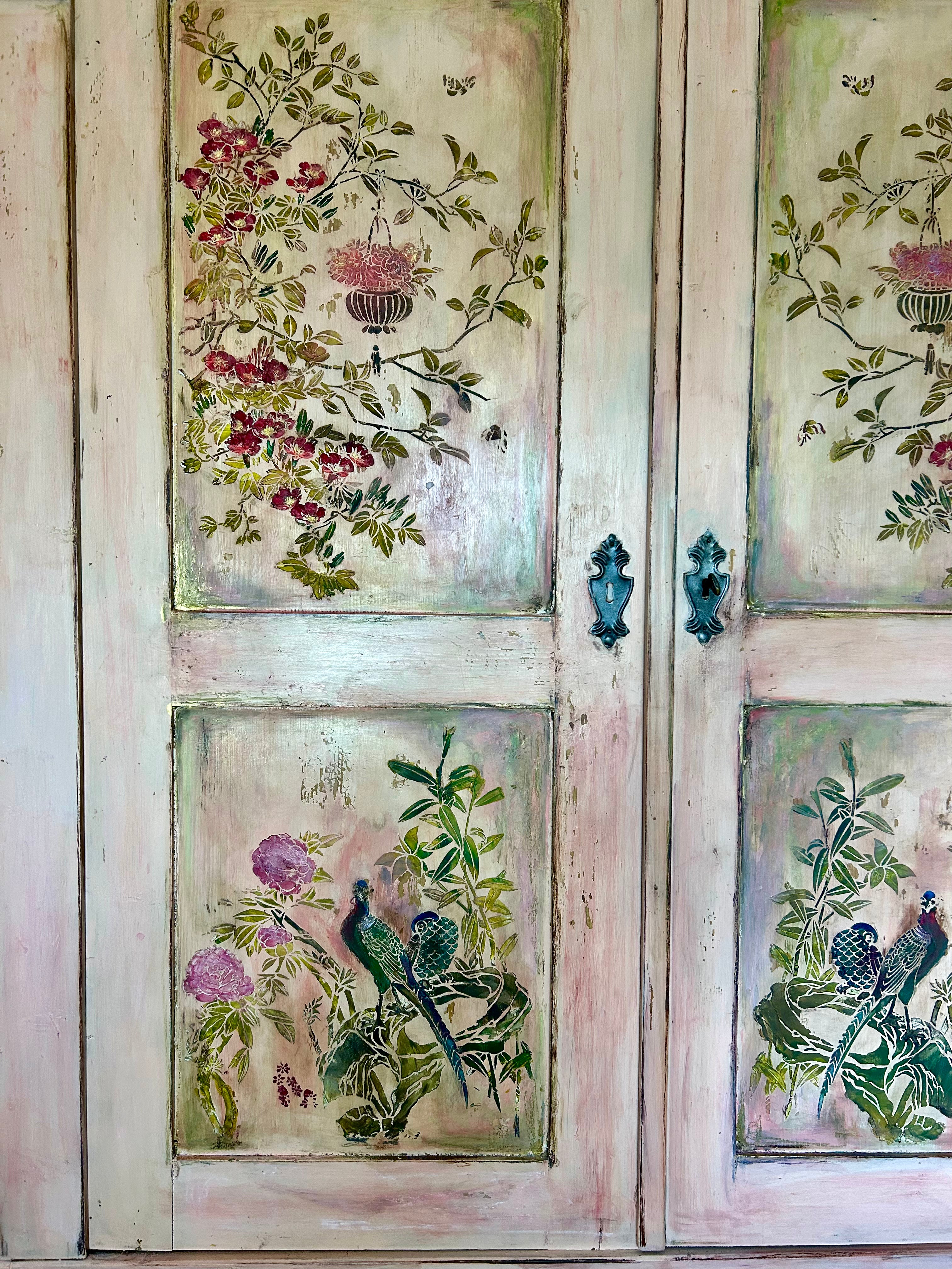 Vintage Painted Pine Double Wardrobe with Inlaid Chinoiserie