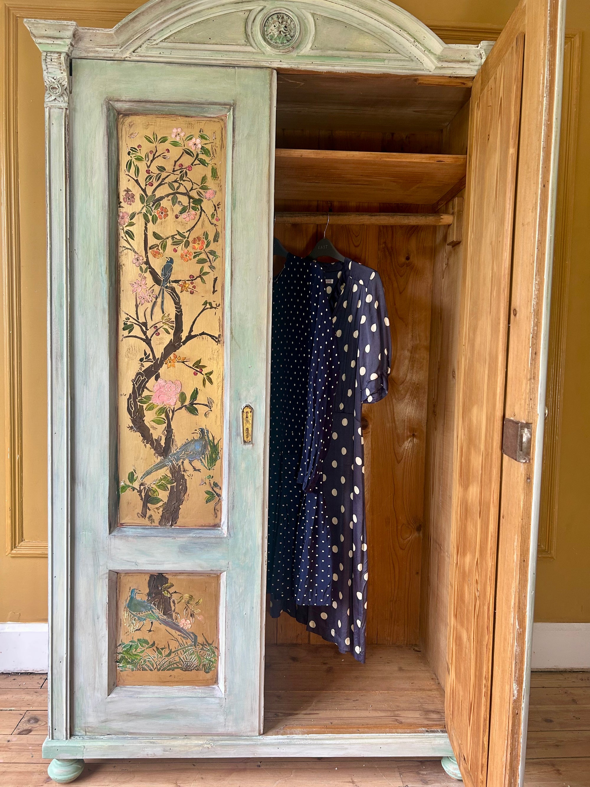Vintage Painted Pine Wardrobe/Armoire with Inlaid Chinoiserie Panels