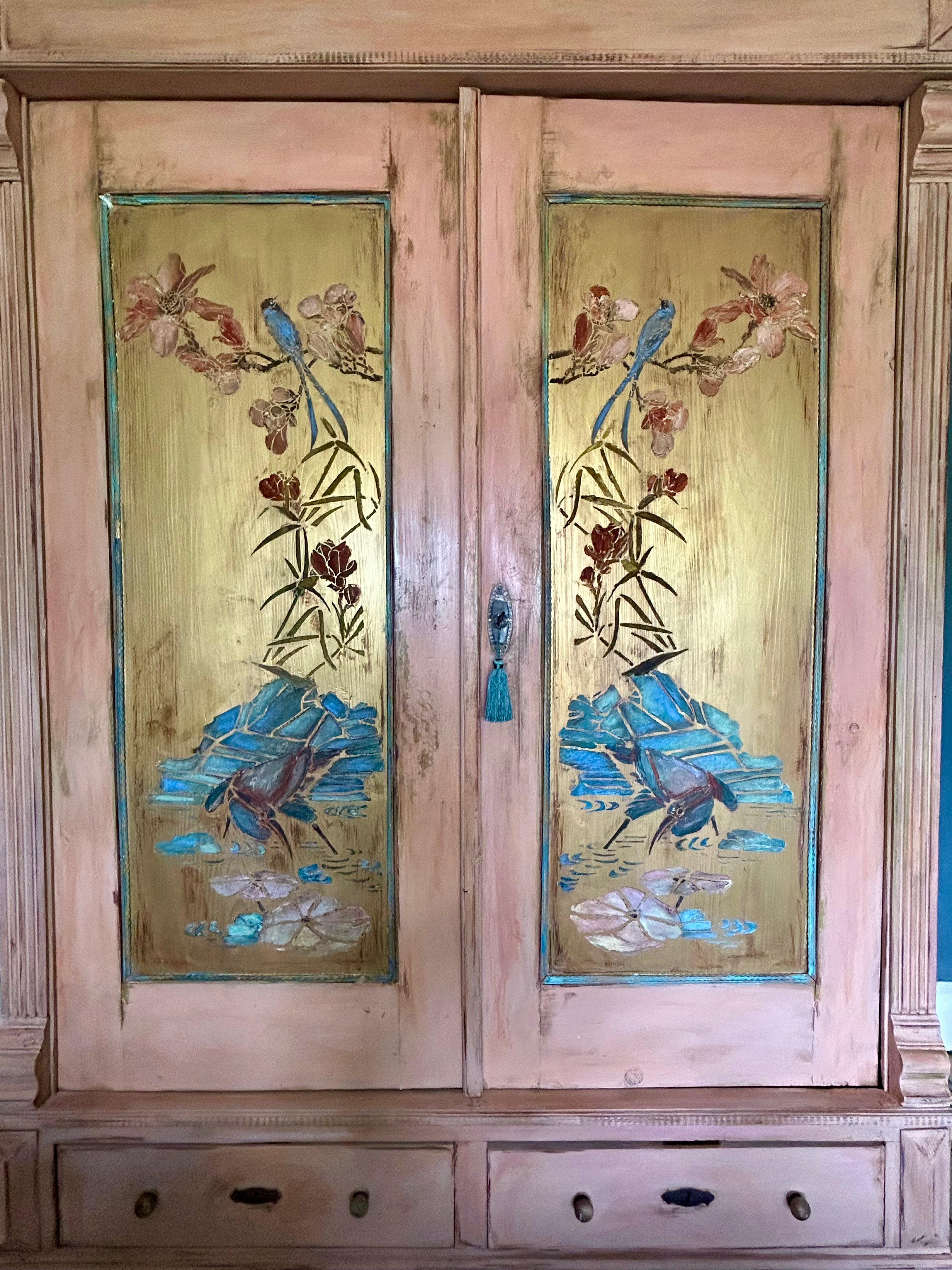 Vintage Painted Pine Double Wardrobe with Inlaid Chinoiserie Panels