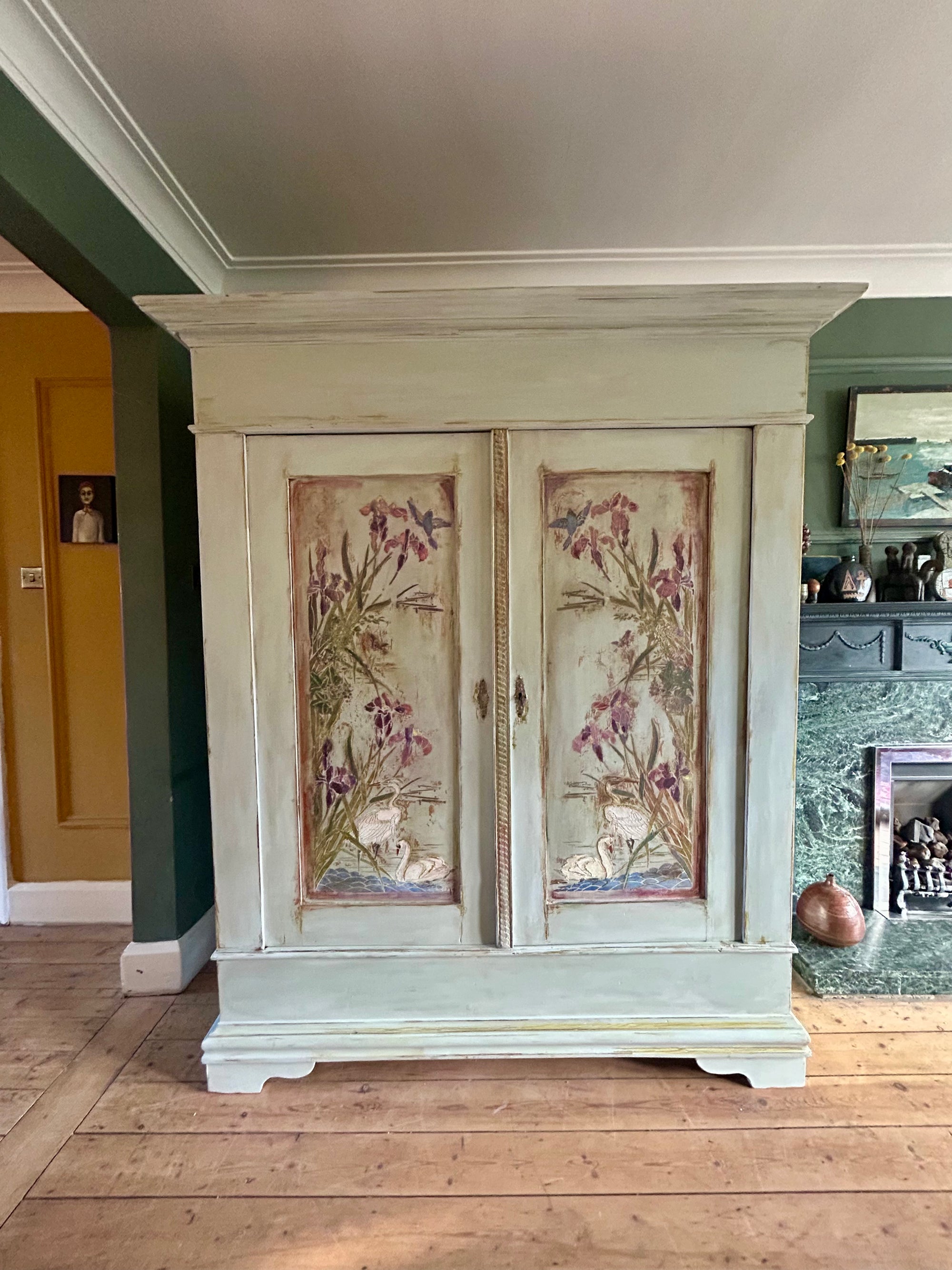 Antique Painted Pine Large Wardrobe with Chinoiserie