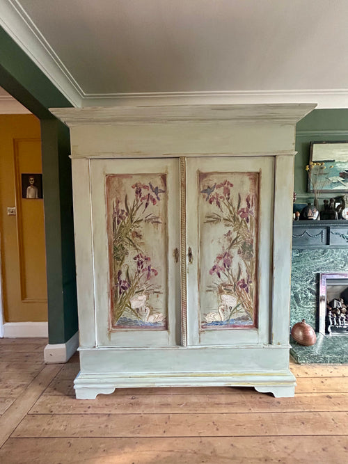 Antique Painted Pine Large Wardrobe with Chinoiserie