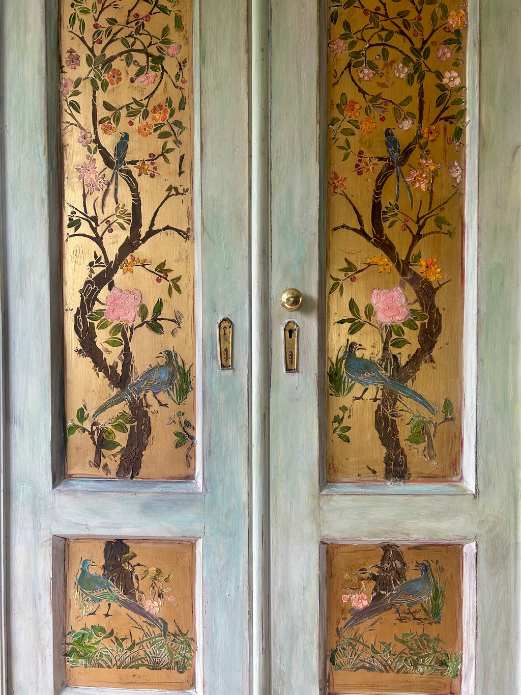 Vintage Painted Pine Wardrobe/Armoire with Inlaid Chinoiserie Panels