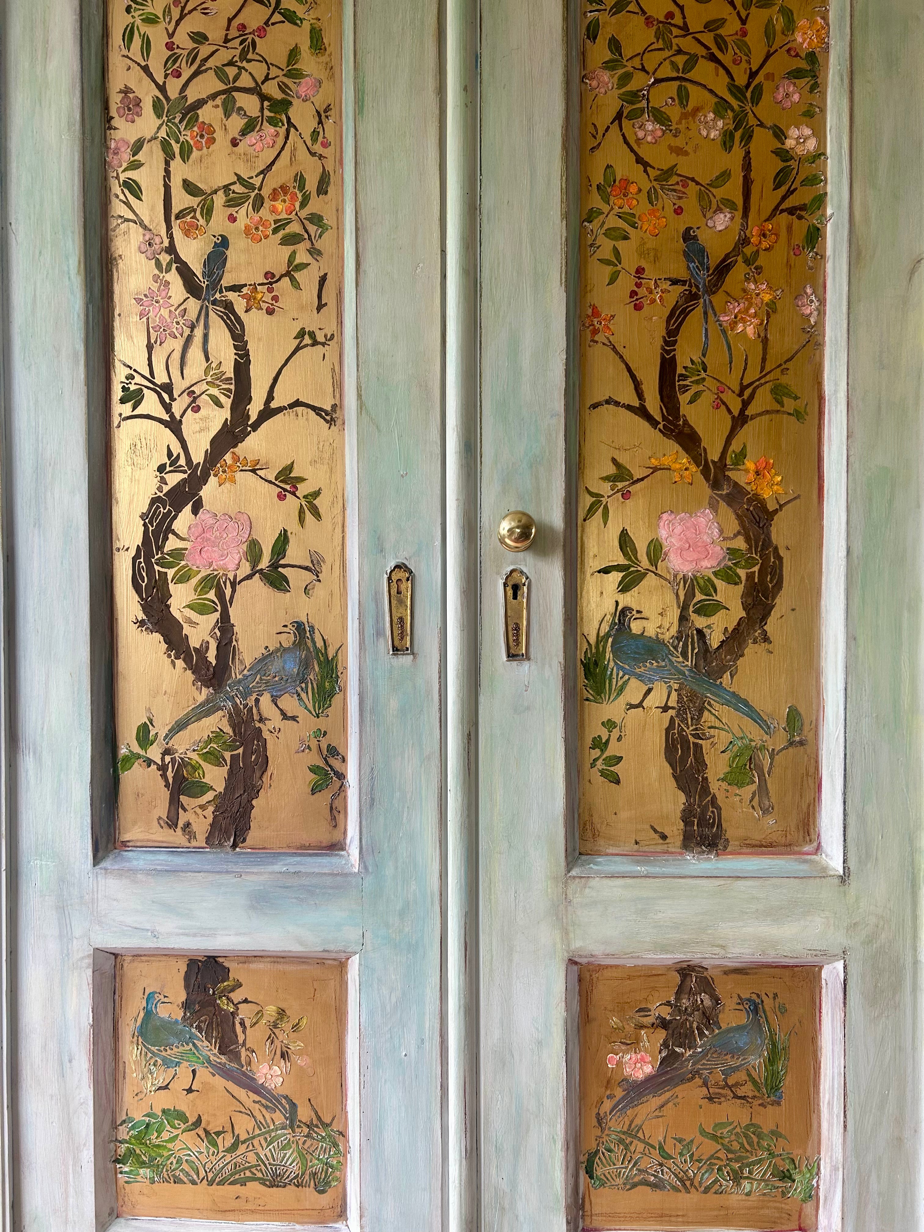 Vintage Painted Pine Wardrobe/Armoire with Inlaid Chinoiserie Panels