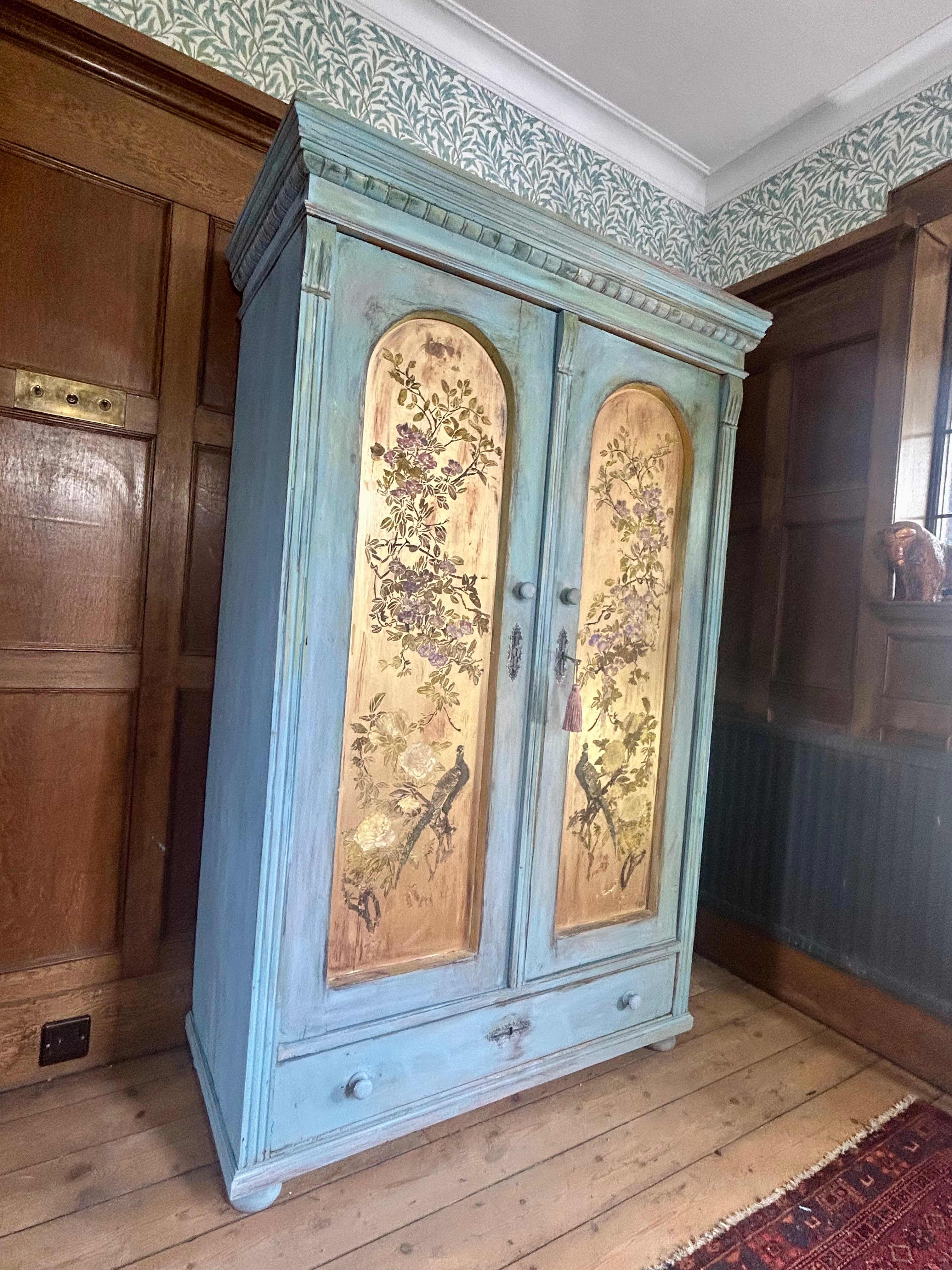 Vintage French Painted Pine Wardrobe