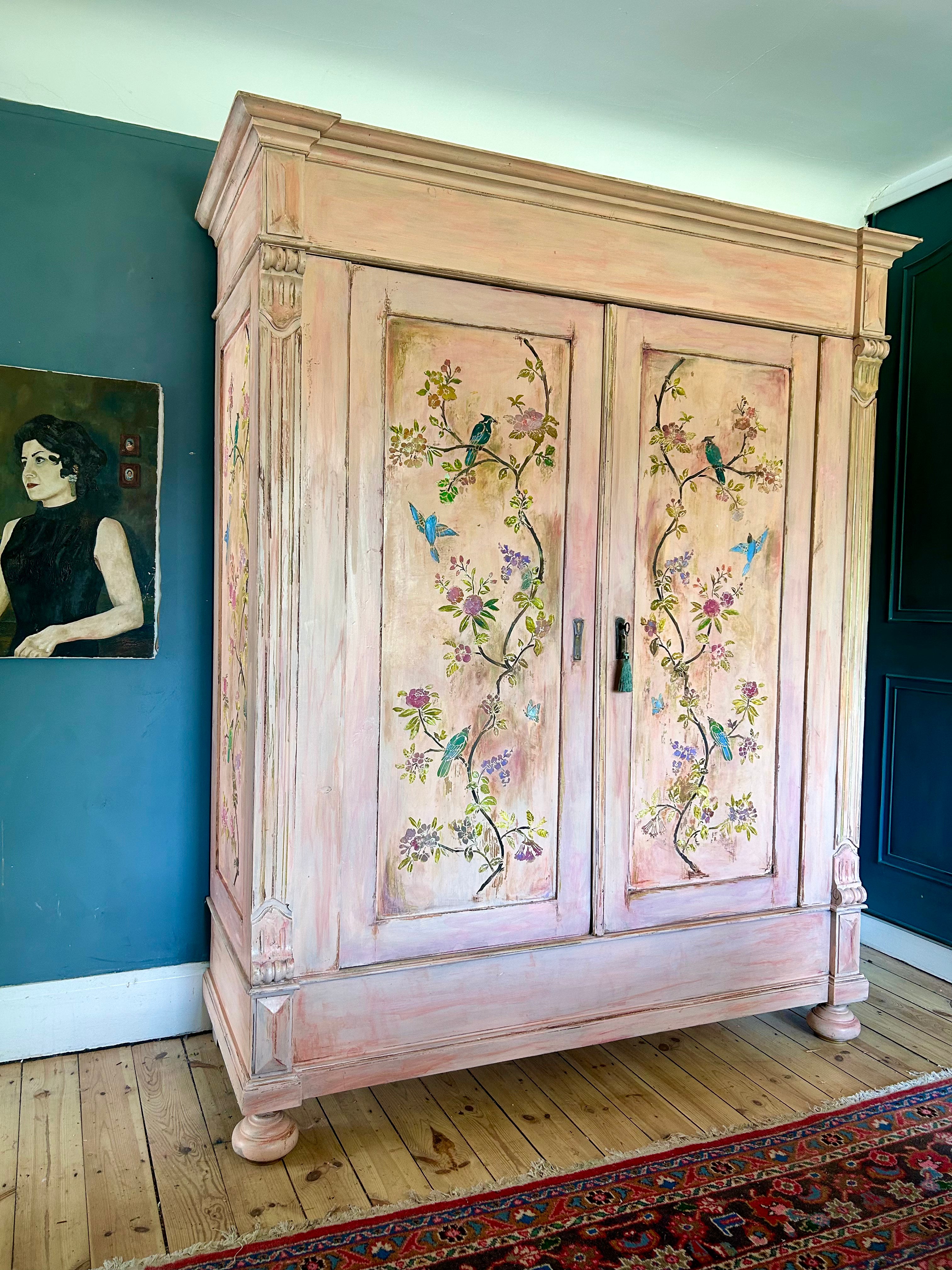 Vintage Painted Pine Double Wardrobe with Inlaid Chinoiserie