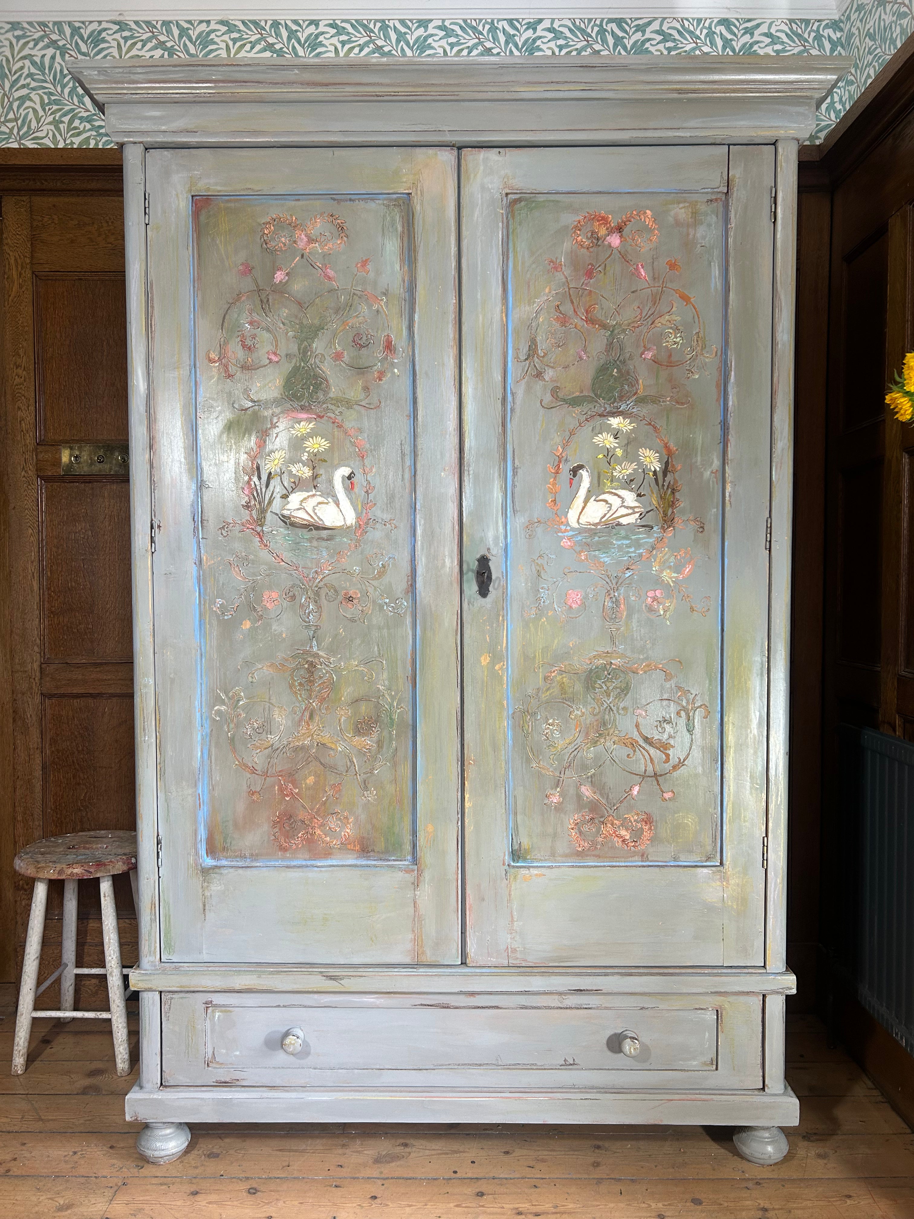 Vintage Painted Wardrobe with Swan Chinoiserie