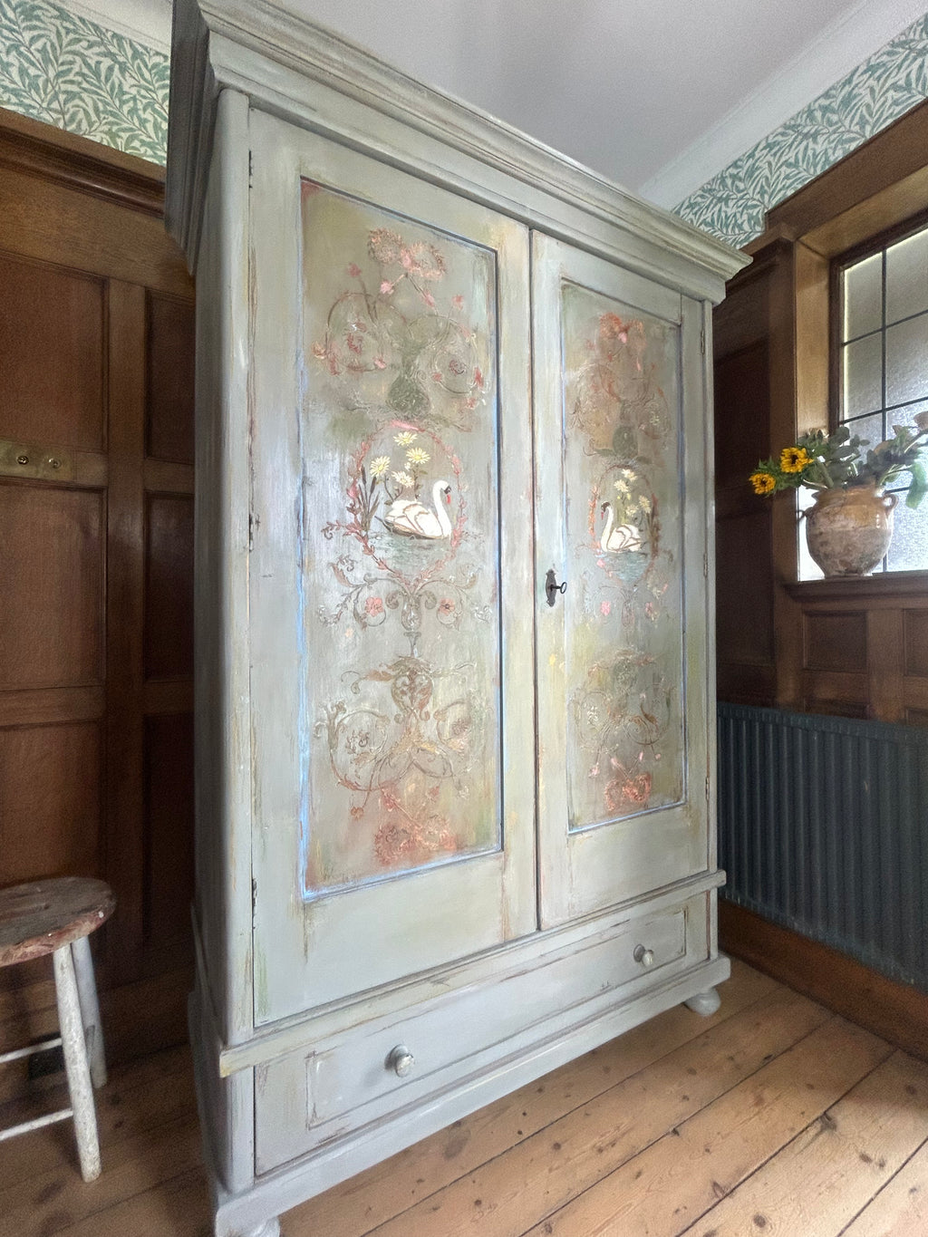 Vintage Painted Wardrobe with Swan Chinoiserie