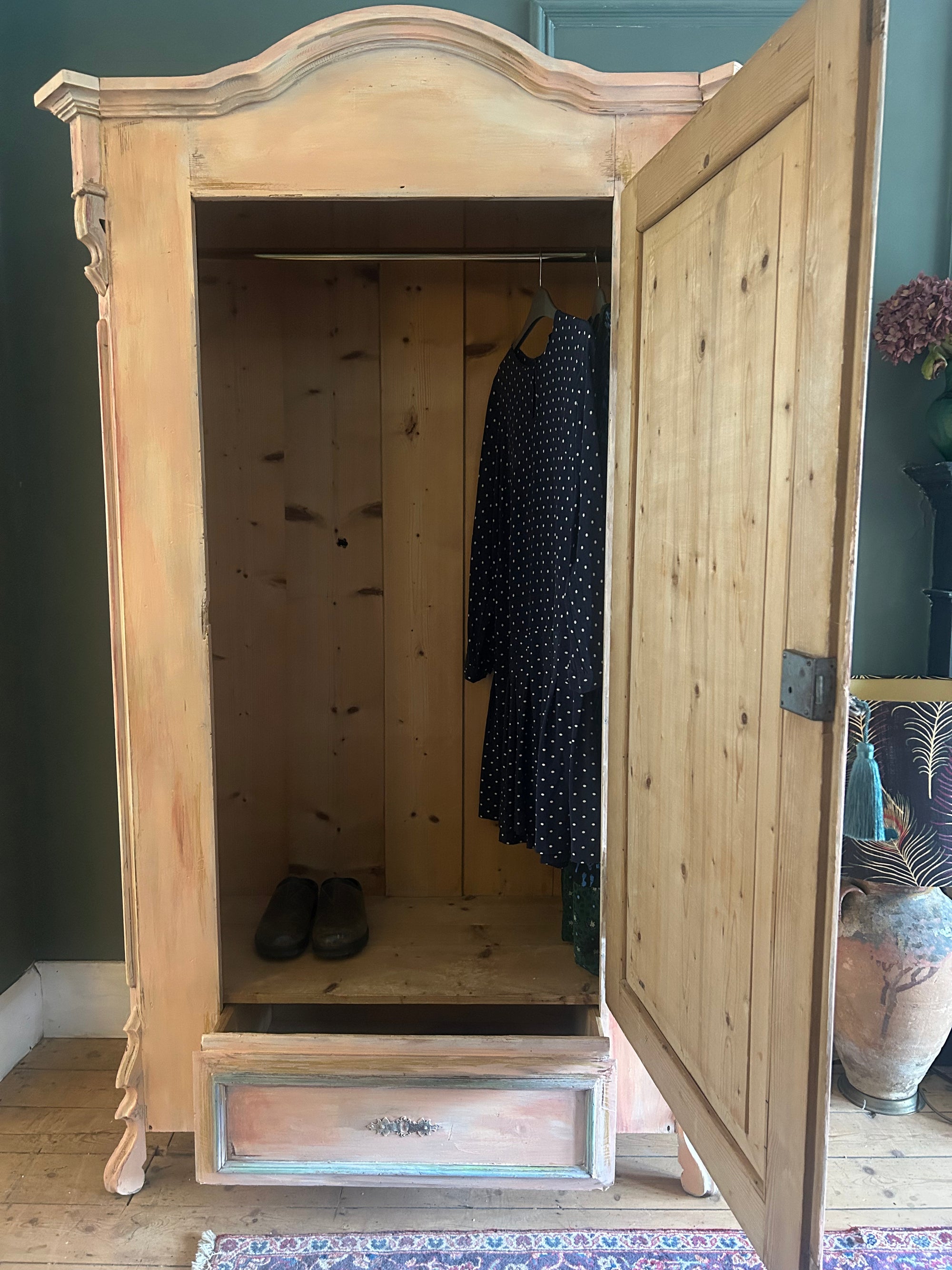 Vintage Painted Pine Armoire with Inlaid Back Swan Chinoiserie