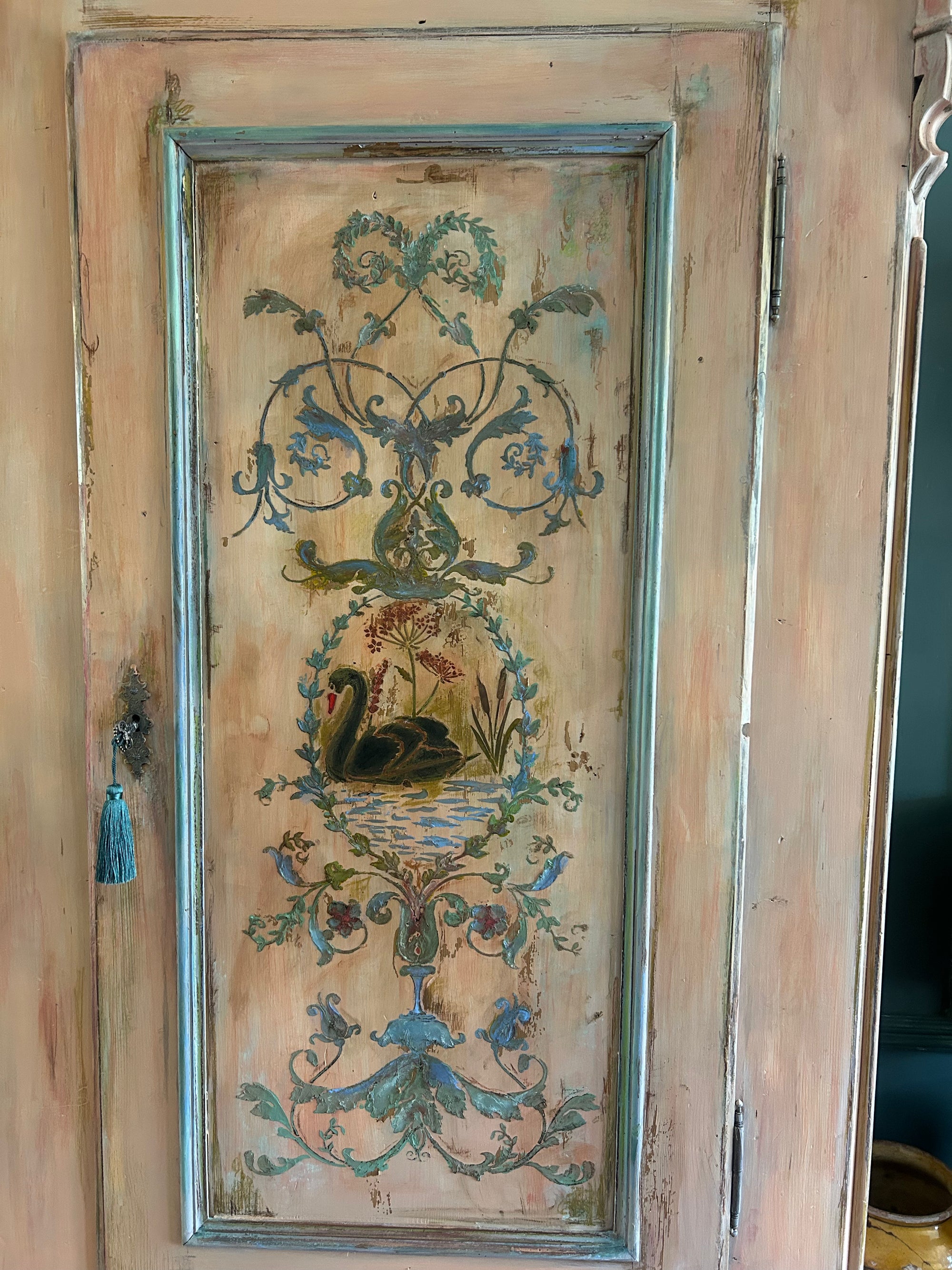 Vintage Painted Pine Armoire with Inlaid Back Swan Chinoiserie