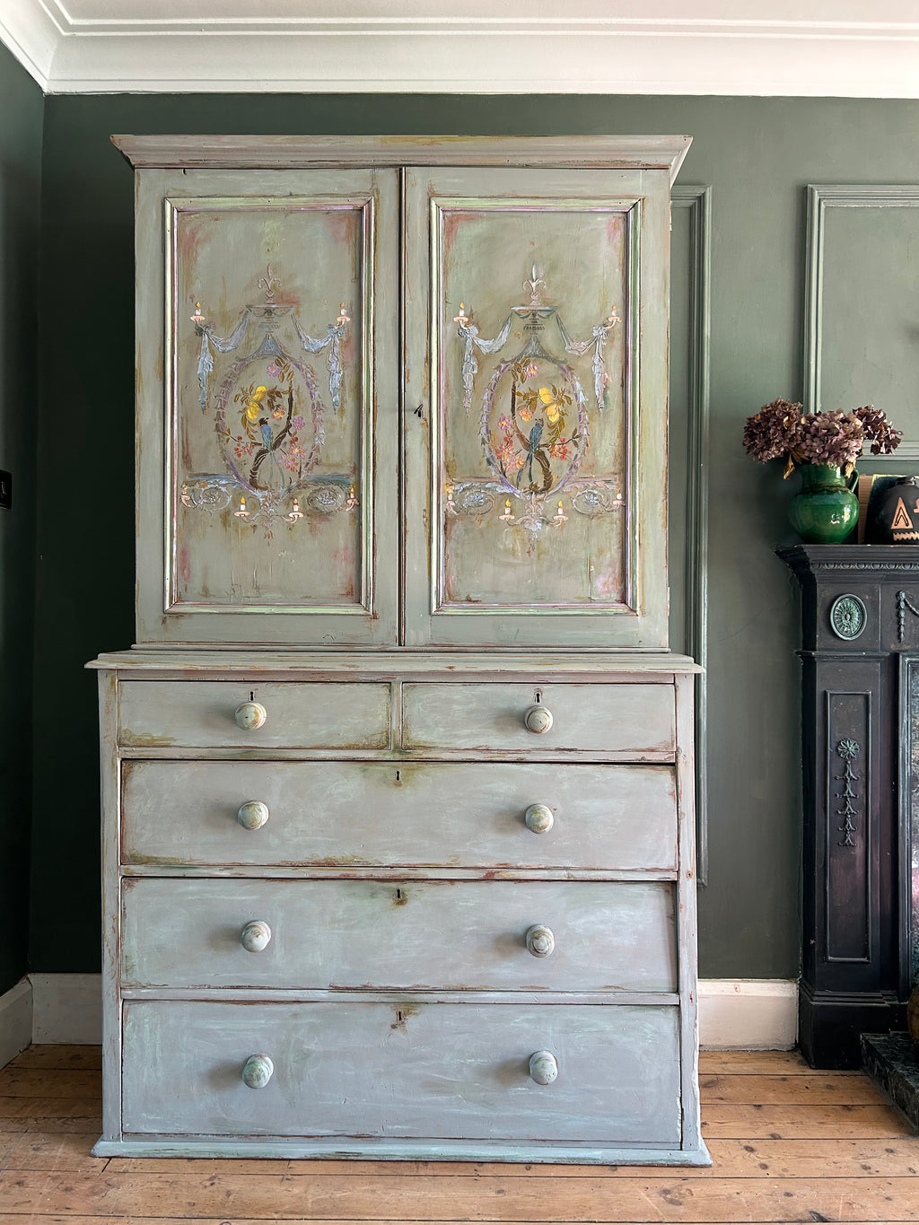 Vintage French Painted Pine Housekeeper's Cupboard With Inlaid Chinoiserie