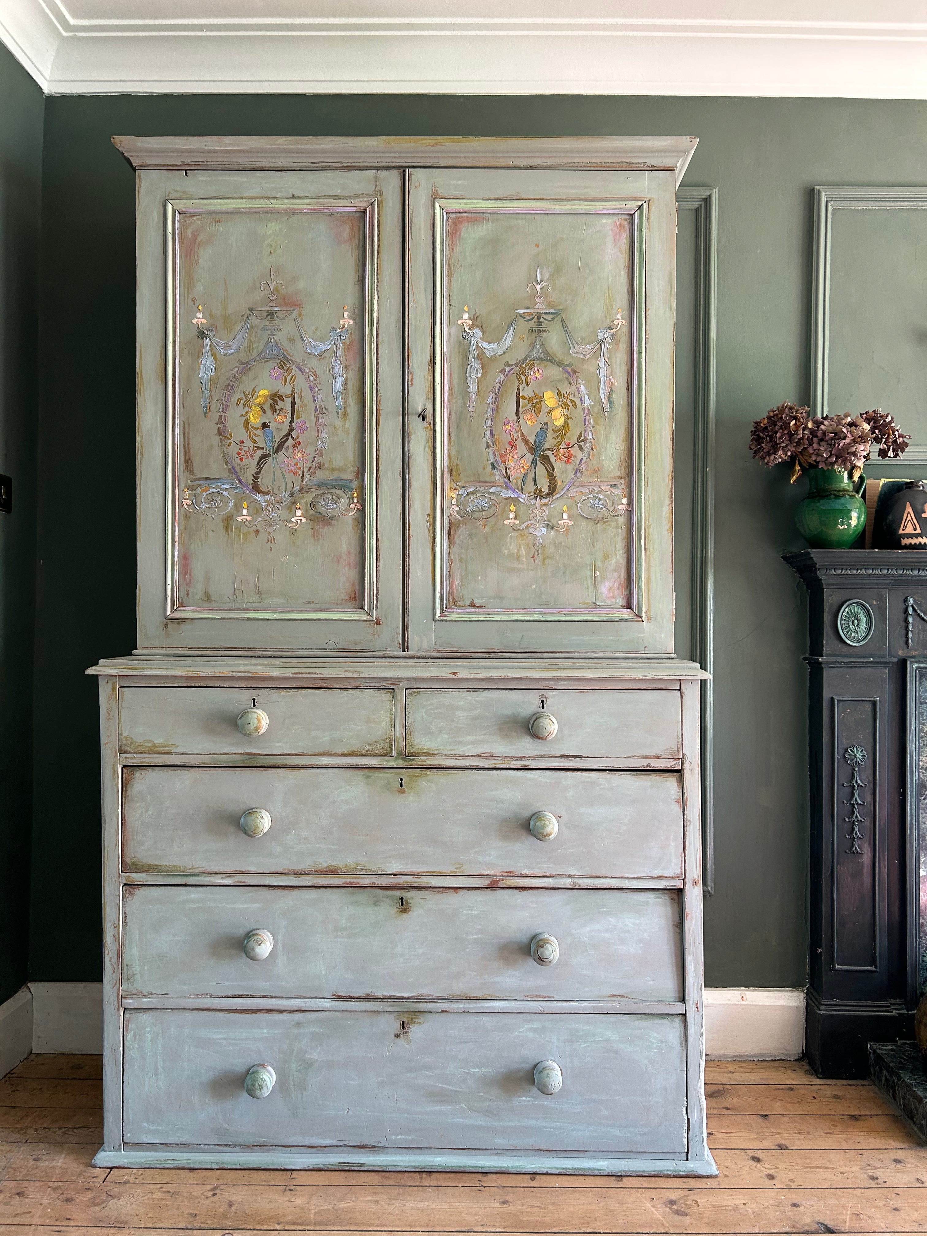 Vintage French Painted Pine Housekeeper's Cupboard With Inlaid Chinoiserie