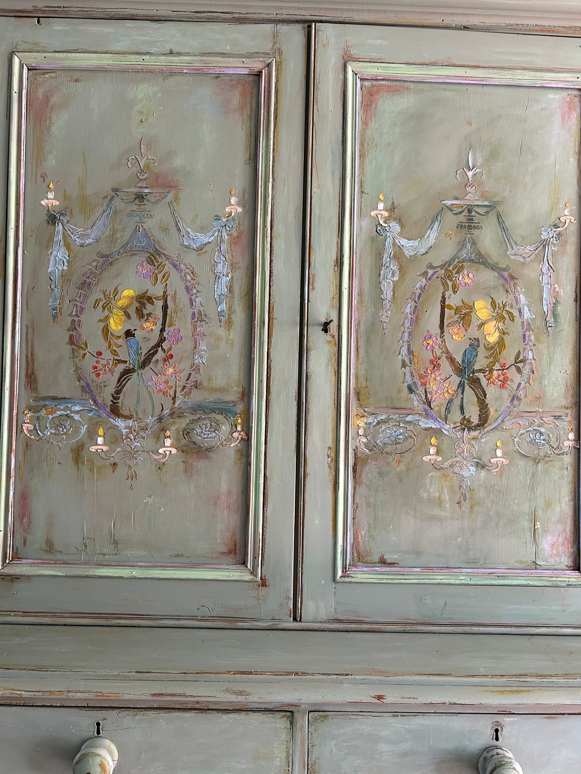 Vintage French Painted Pine Housekeeper's Cupboard With Inlaid Chinoiserie
