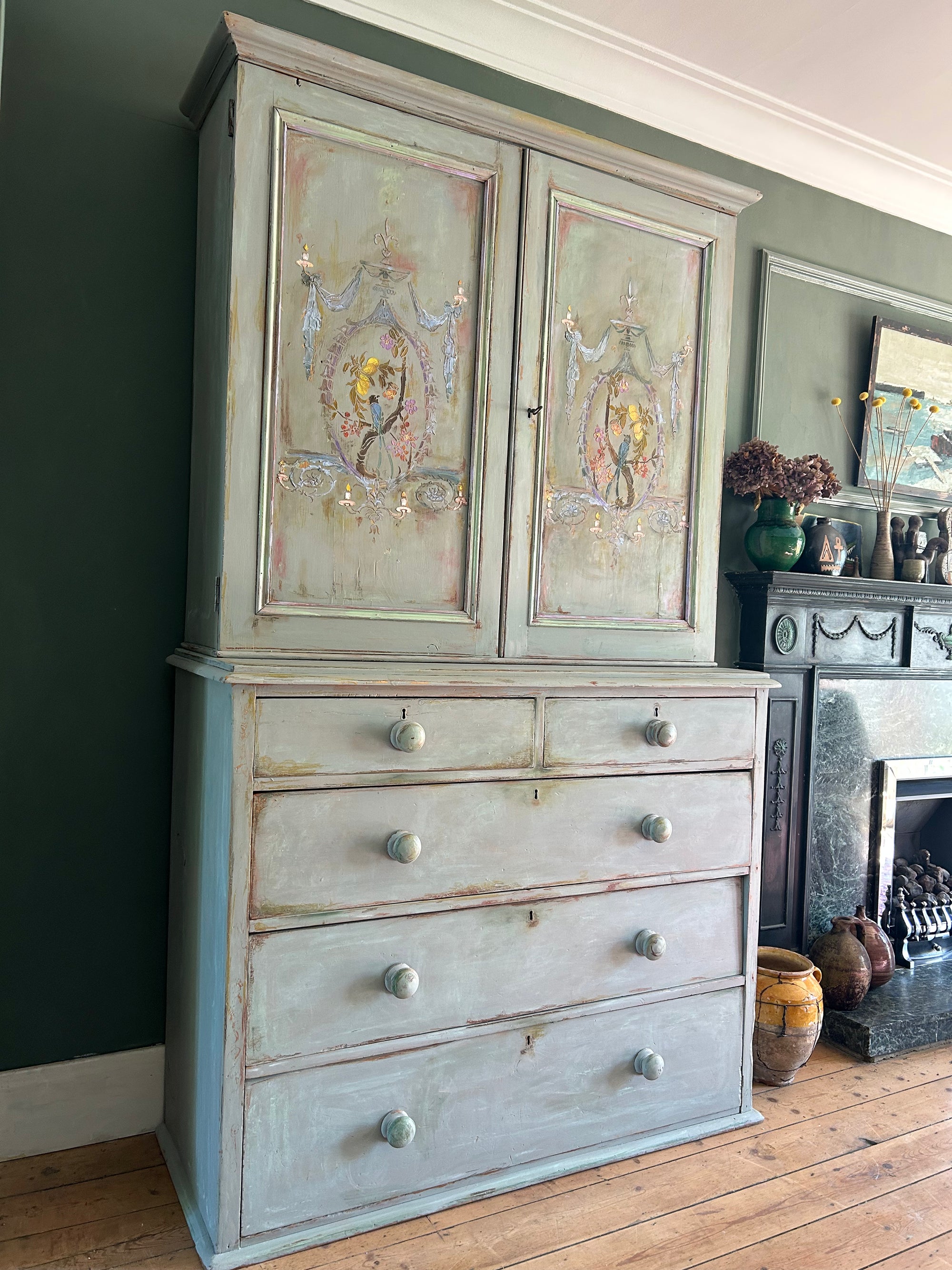 Vintage French Painted Pine Housekeeper's Cupboard With Inlaid Chinoiserie