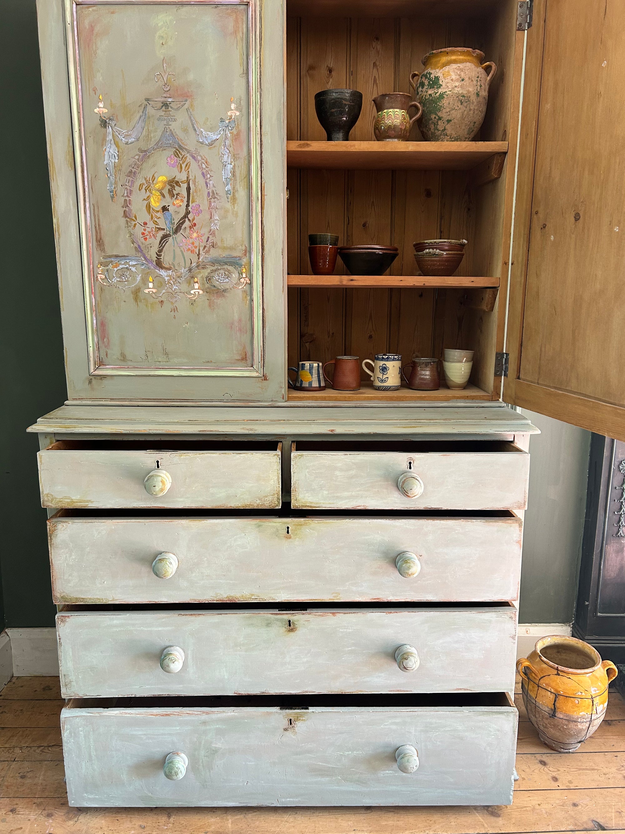 Vintage French Painted Pine Housekeeper's Cupboard With Inlaid Chinoiserie