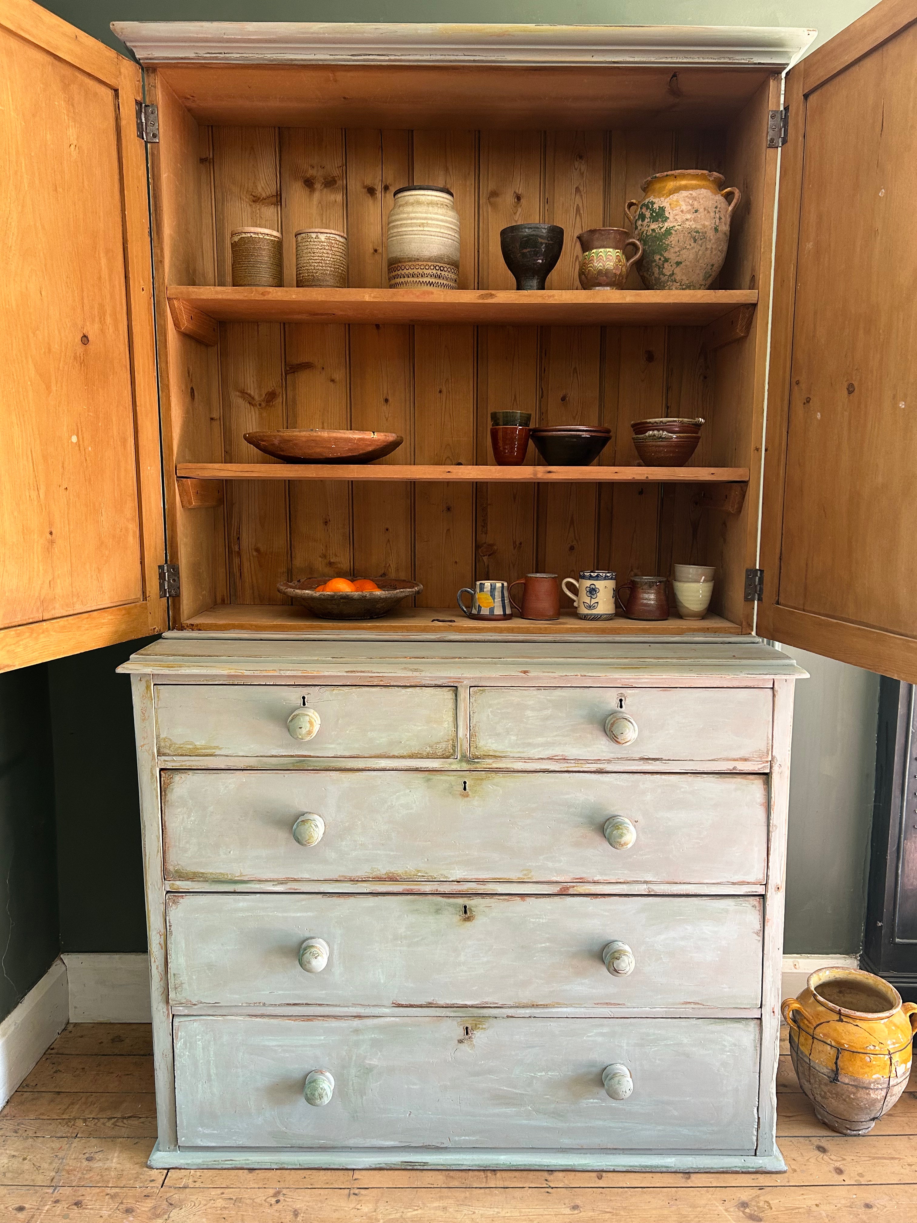 Vintage French Painted Pine Housekeeper's Cupboard With Inlaid Chinoiserie