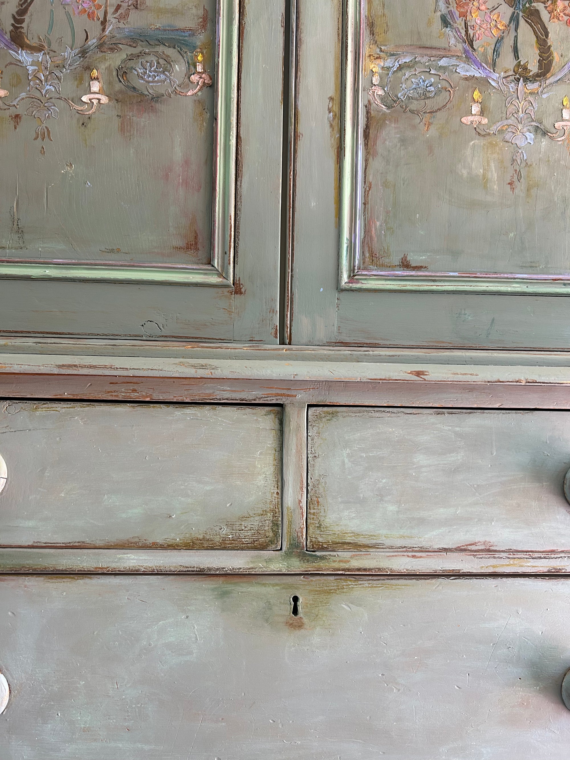 Vintage French Painted Pine Housekeeper's Cupboard With Inlaid Chinoiserie