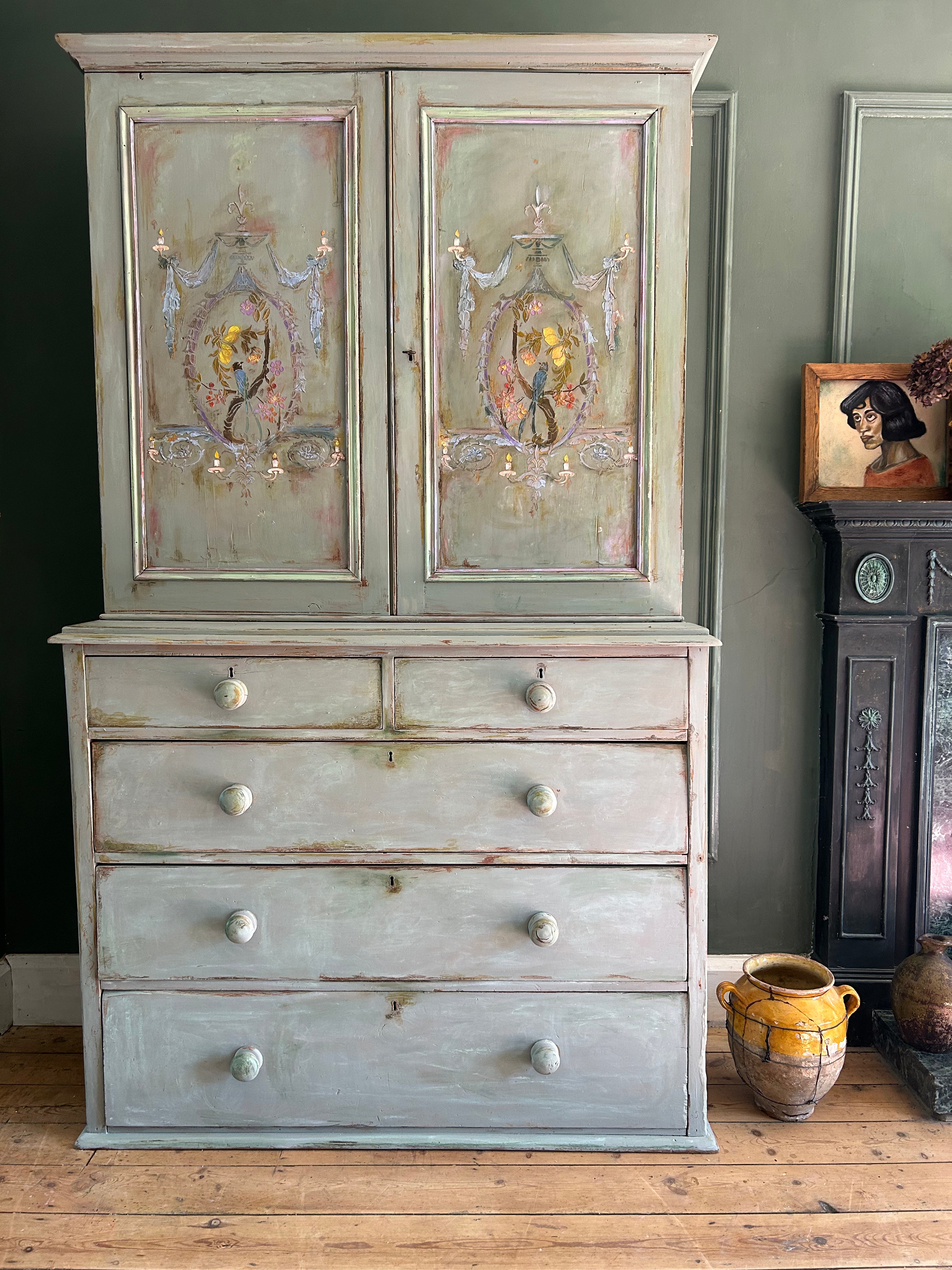 Vintage French Painted Pine Housekeeper's Cupboard With Inlaid Chinoiserie
