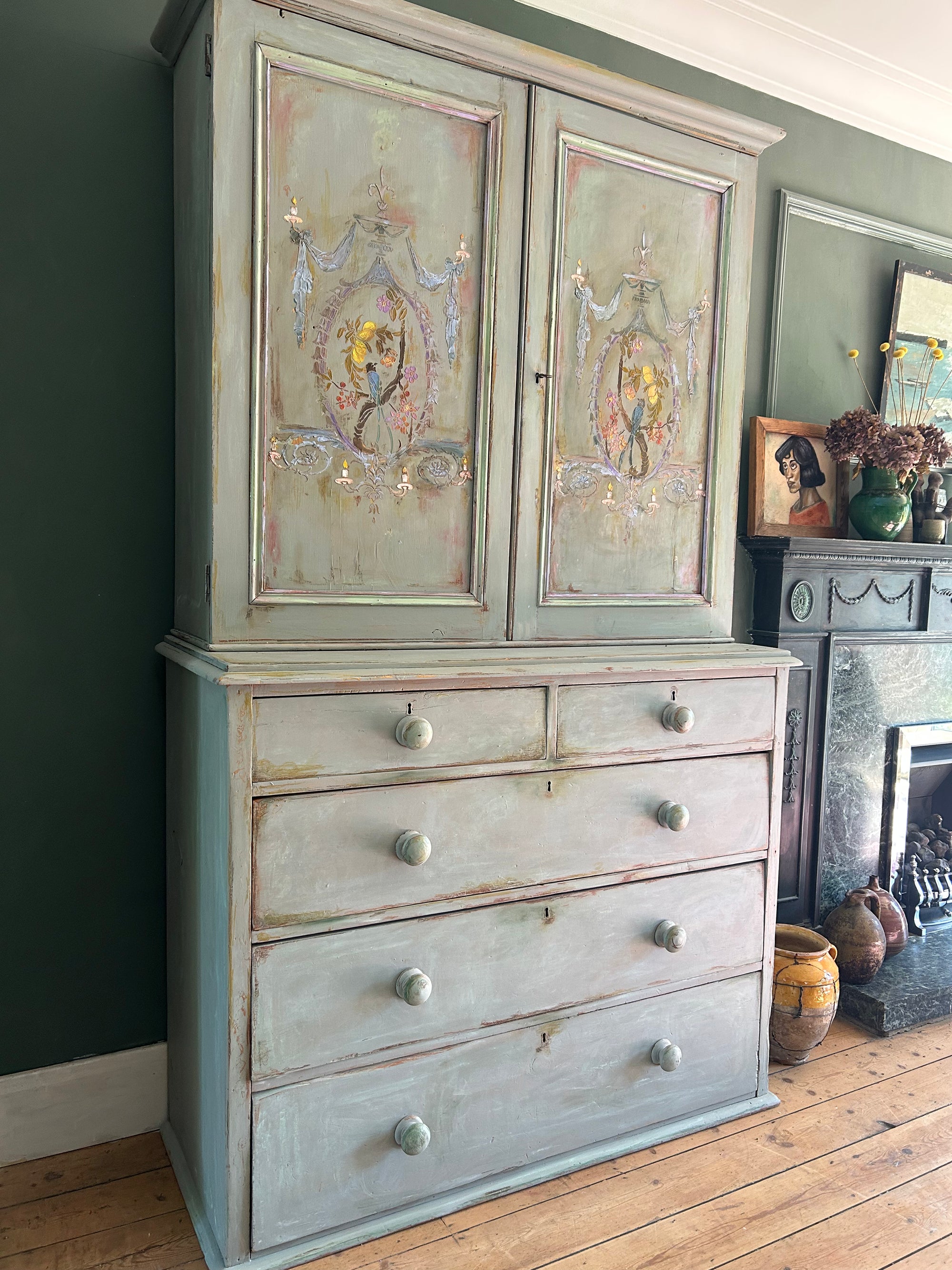 Vintage French Painted Pine Housekeeper's Cupboard With Inlaid Chinoiserie