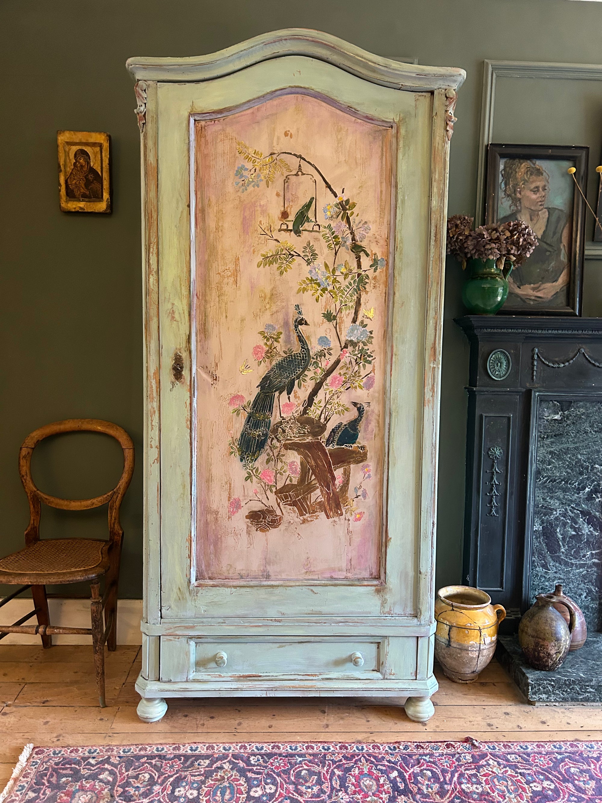 Vintage Painted Pine Linen Press/ Armoire with Inlaid Chinoiserie