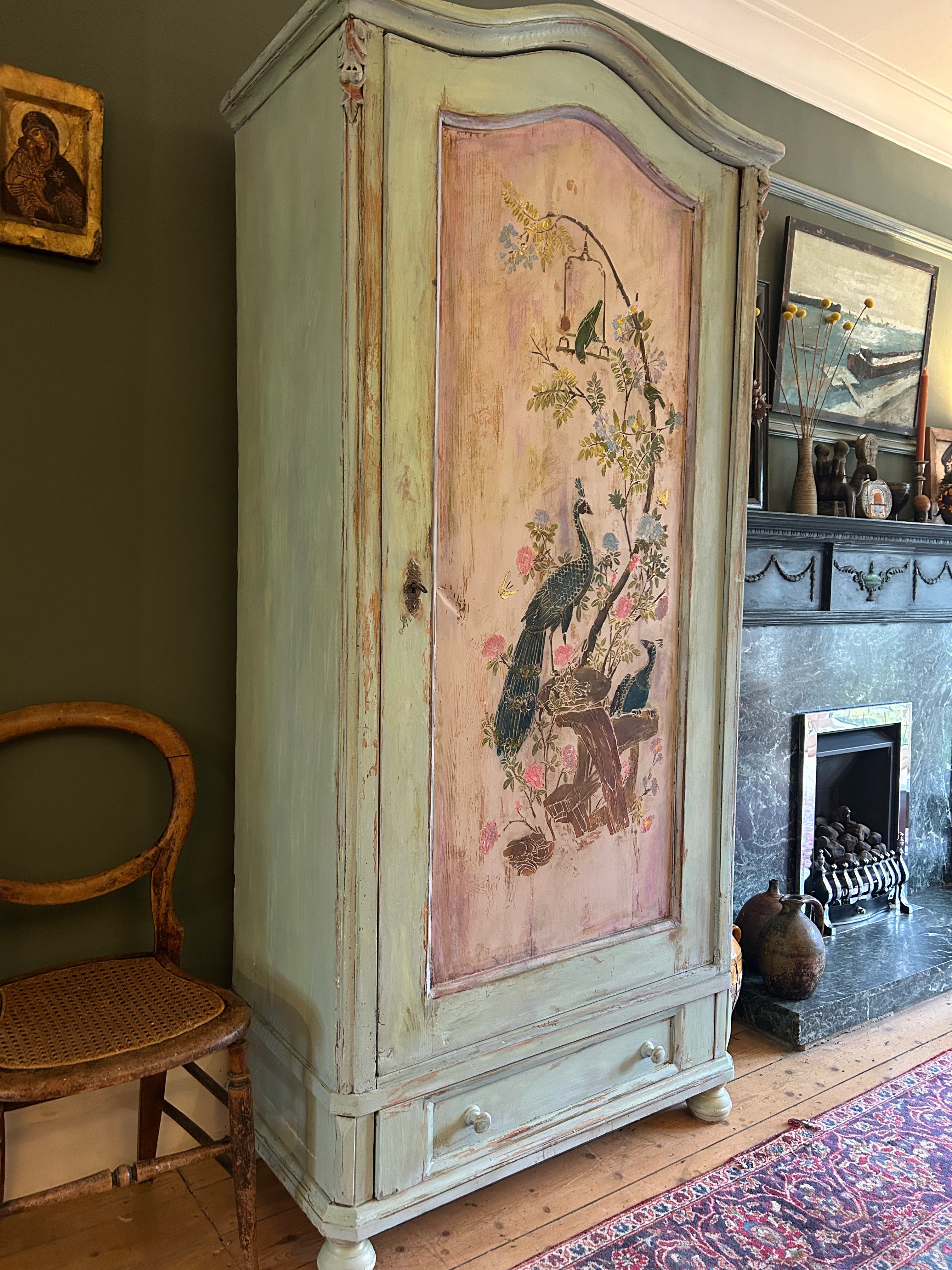 Vintage Painted Pine Linen Press/ Armoire with Inlaid Chinoiserie