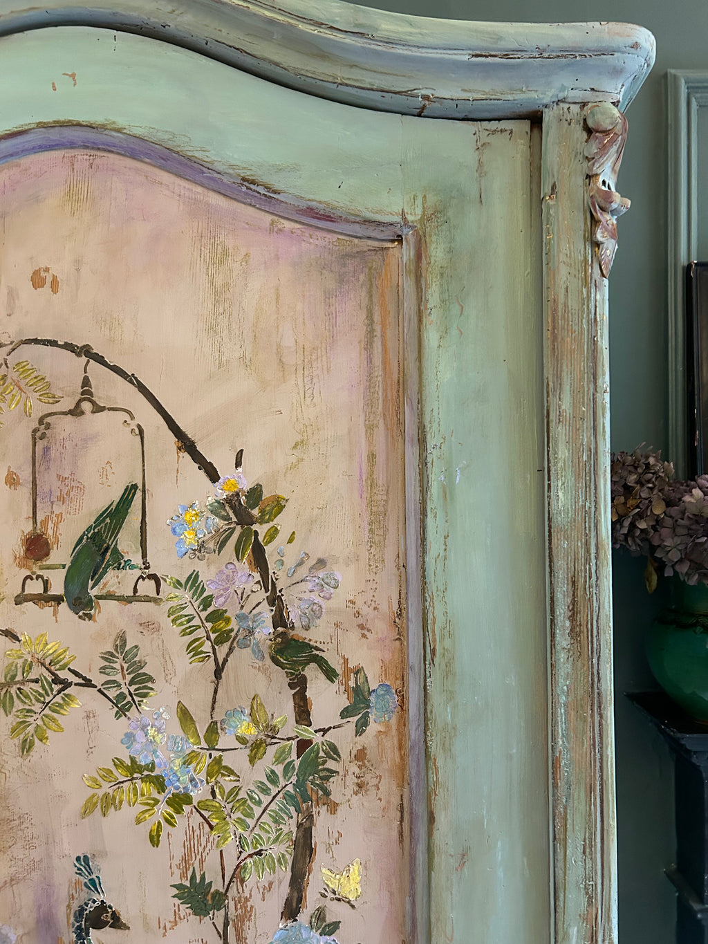 Vintage Painted Pine Linen Press/ Armoire with Inlaid Chinoiserie