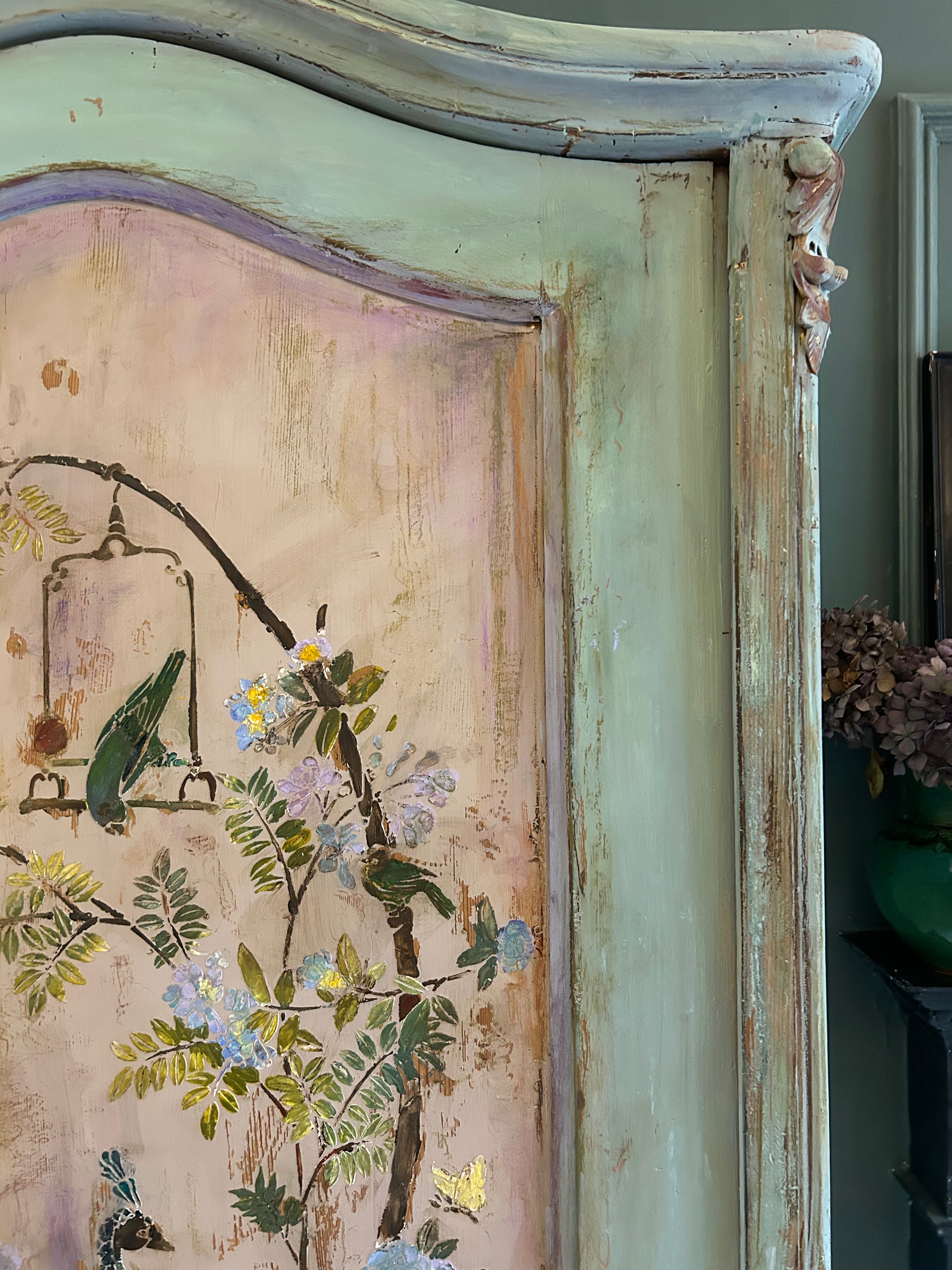 Vintage Painted Pine Linen Press/ Armoire with Inlaid Chinoiserie