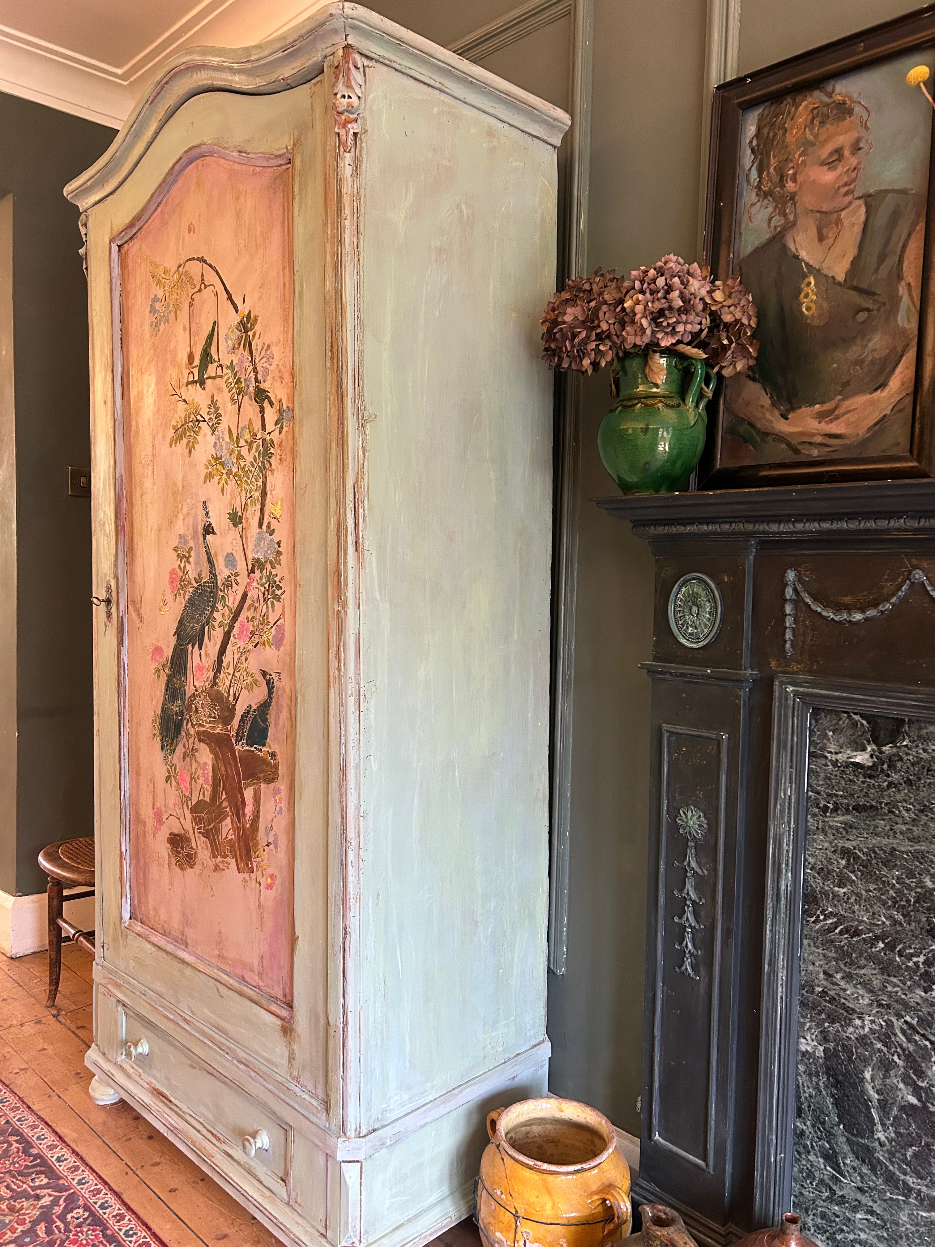 Vintage Painted Pine Linen Press/ Armoire with Inlaid Chinoiserie