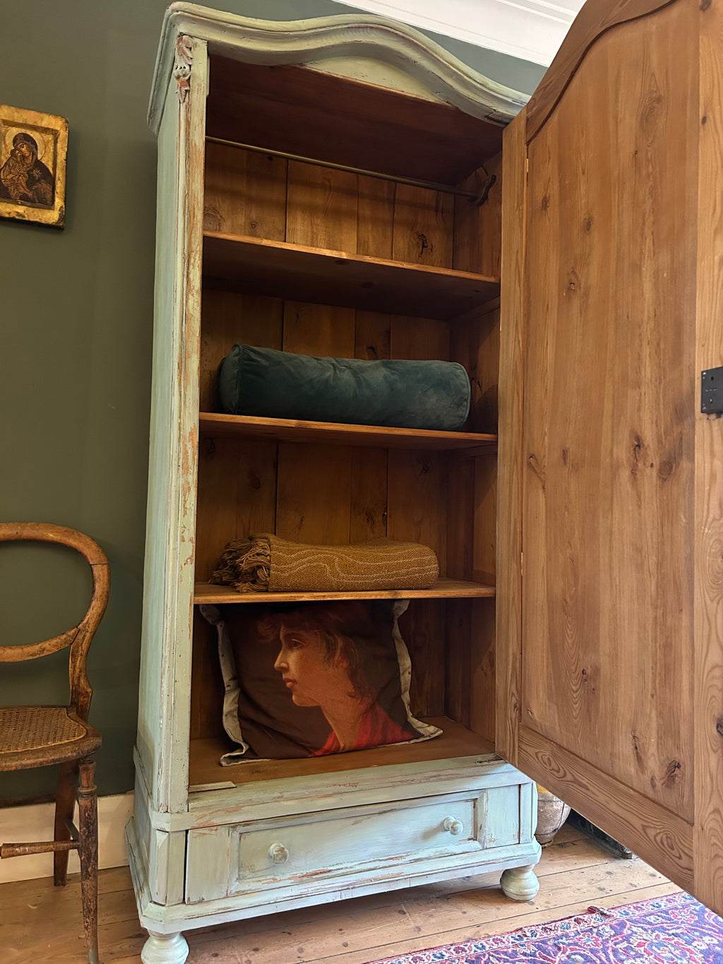 Vintage Painted Pine Linen Press/ Armoire with Inlaid Chinoiserie
