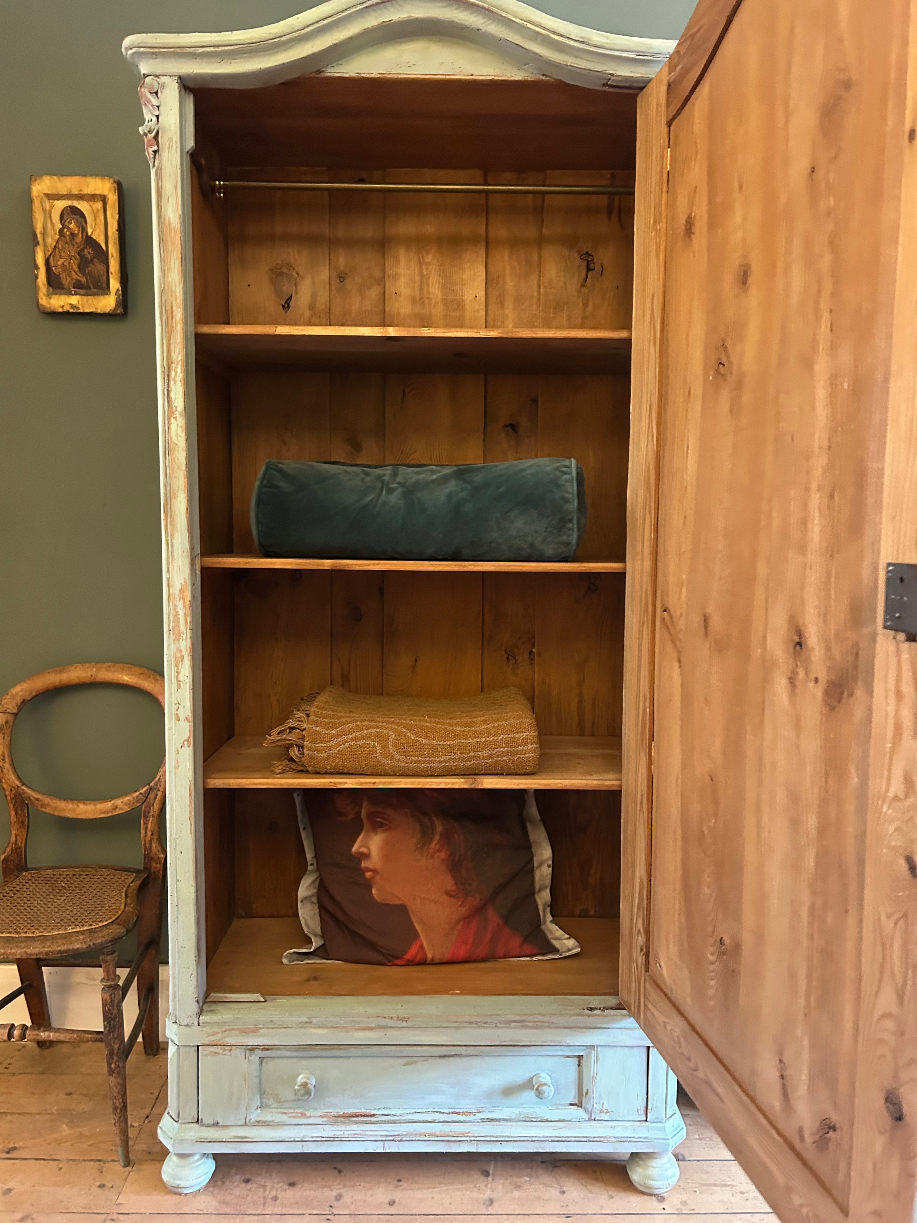 Vintage Painted Pine Linen Press/ Armoire with Inlaid Chinoiserie