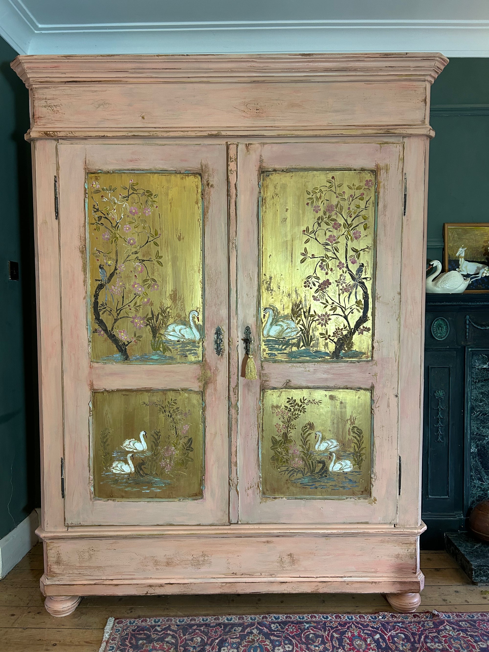 Antique Painted Pine Wardrobe with Chinoiserie Panels
