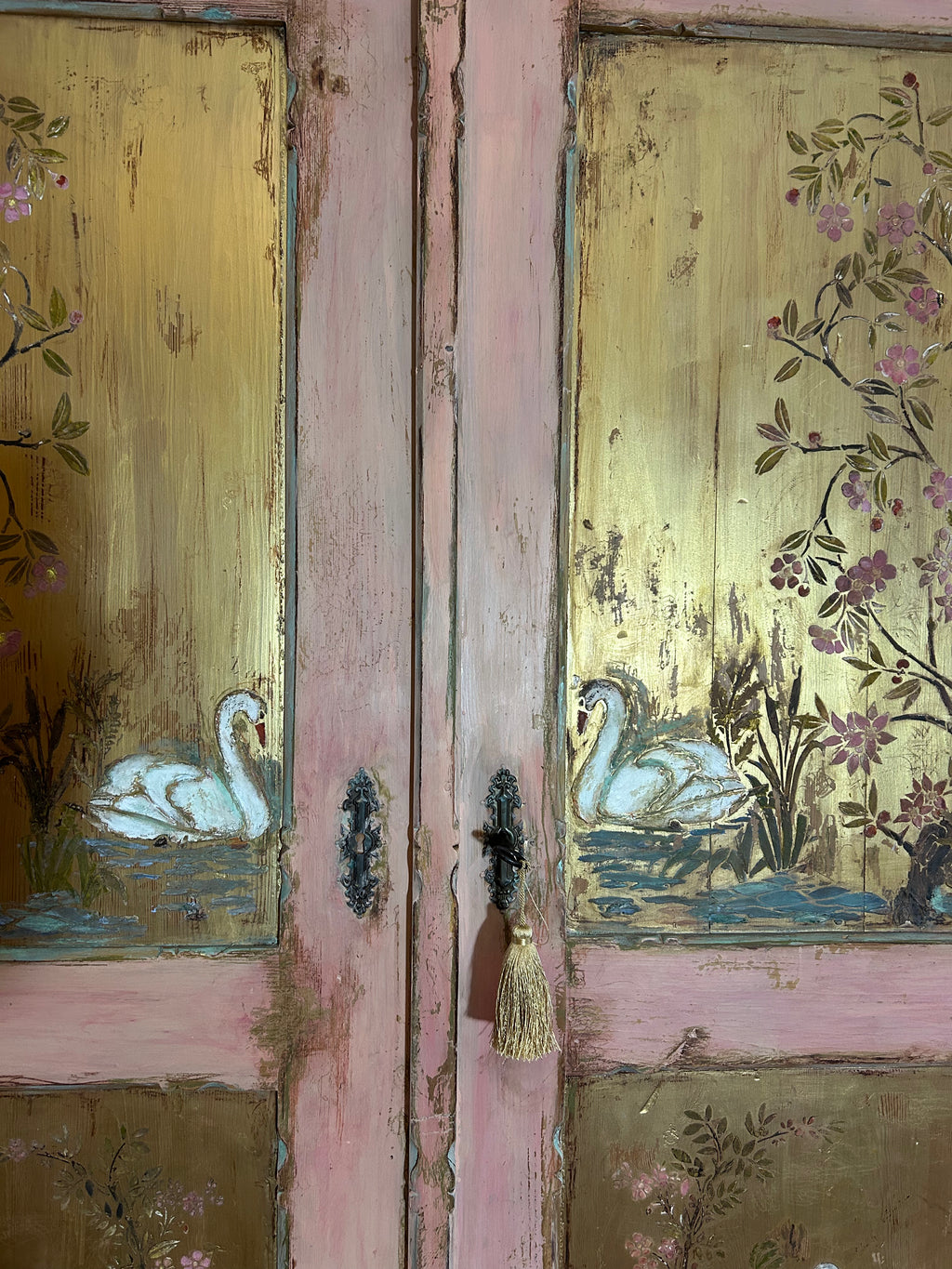 Antique Painted Pine Wardrobe with Chinoiserie Panels