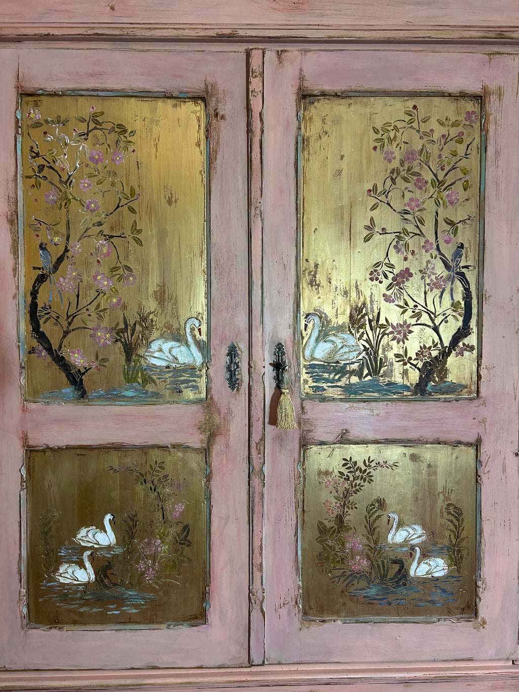 Antique Painted Pine Wardrobe with Chinoiserie Panels