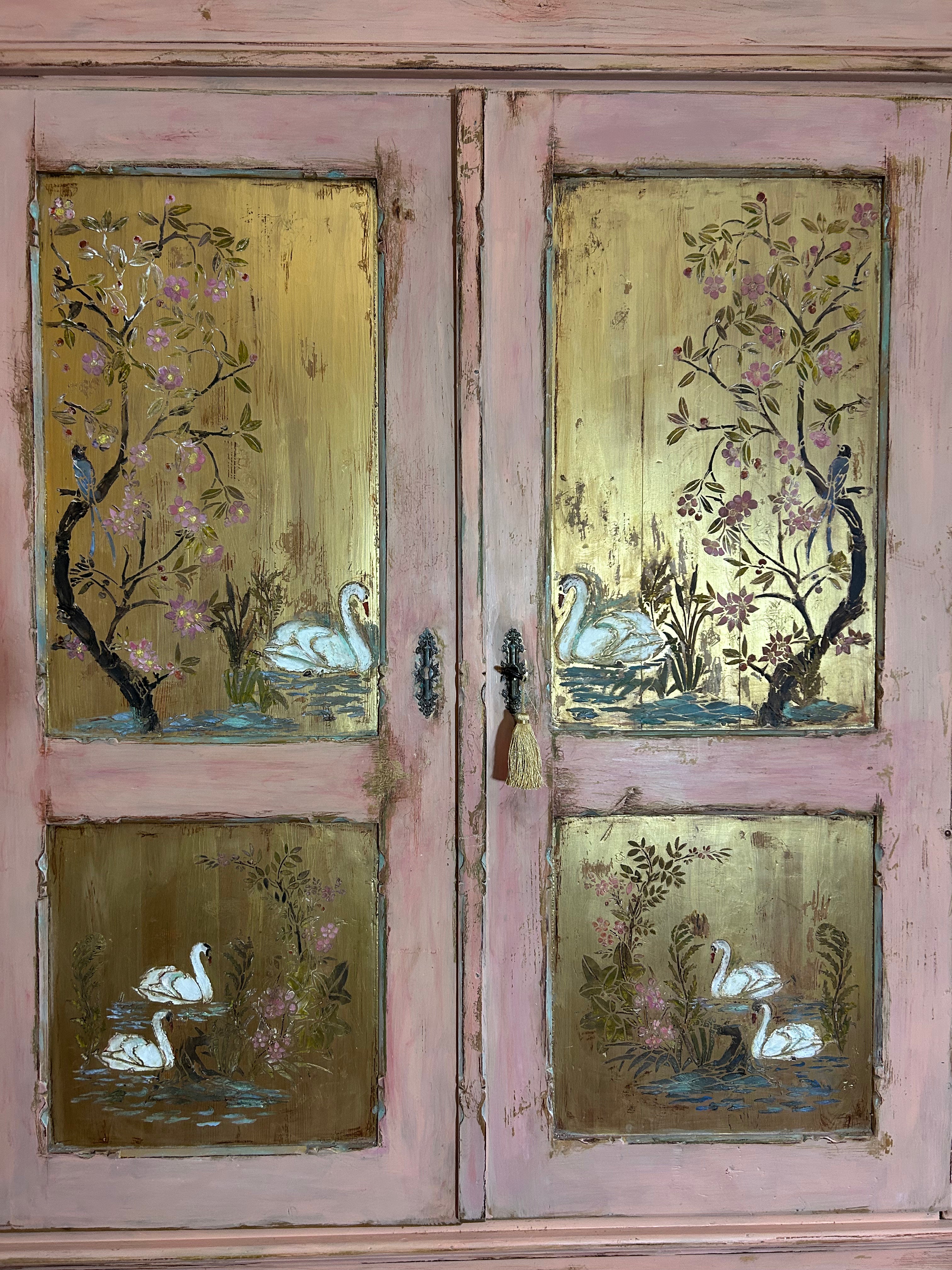 Antique Painted Pine Wardrobe with Chinoiserie Panels