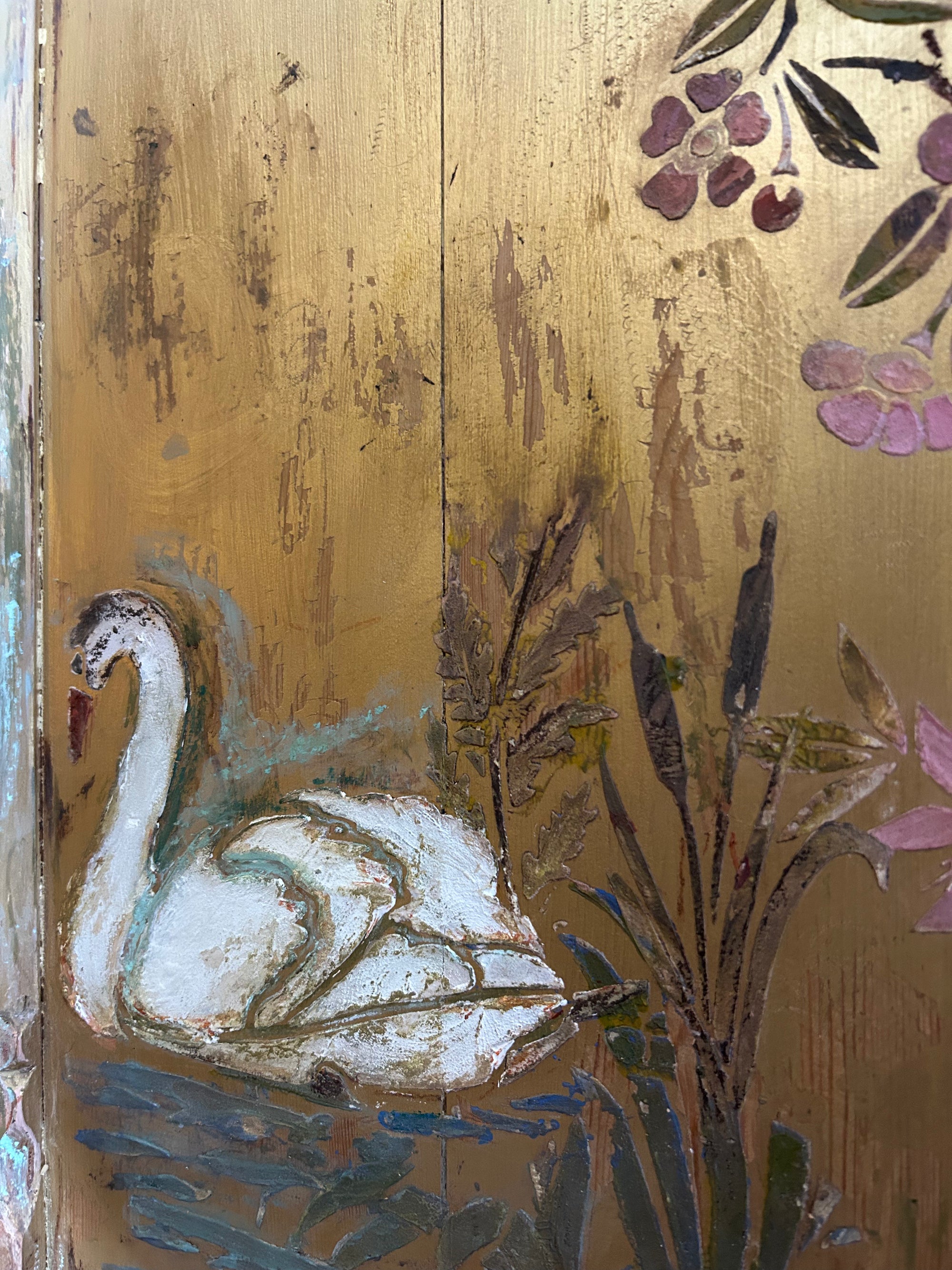 Antique Painted Pine Wardrobe with Chinoiserie Panels