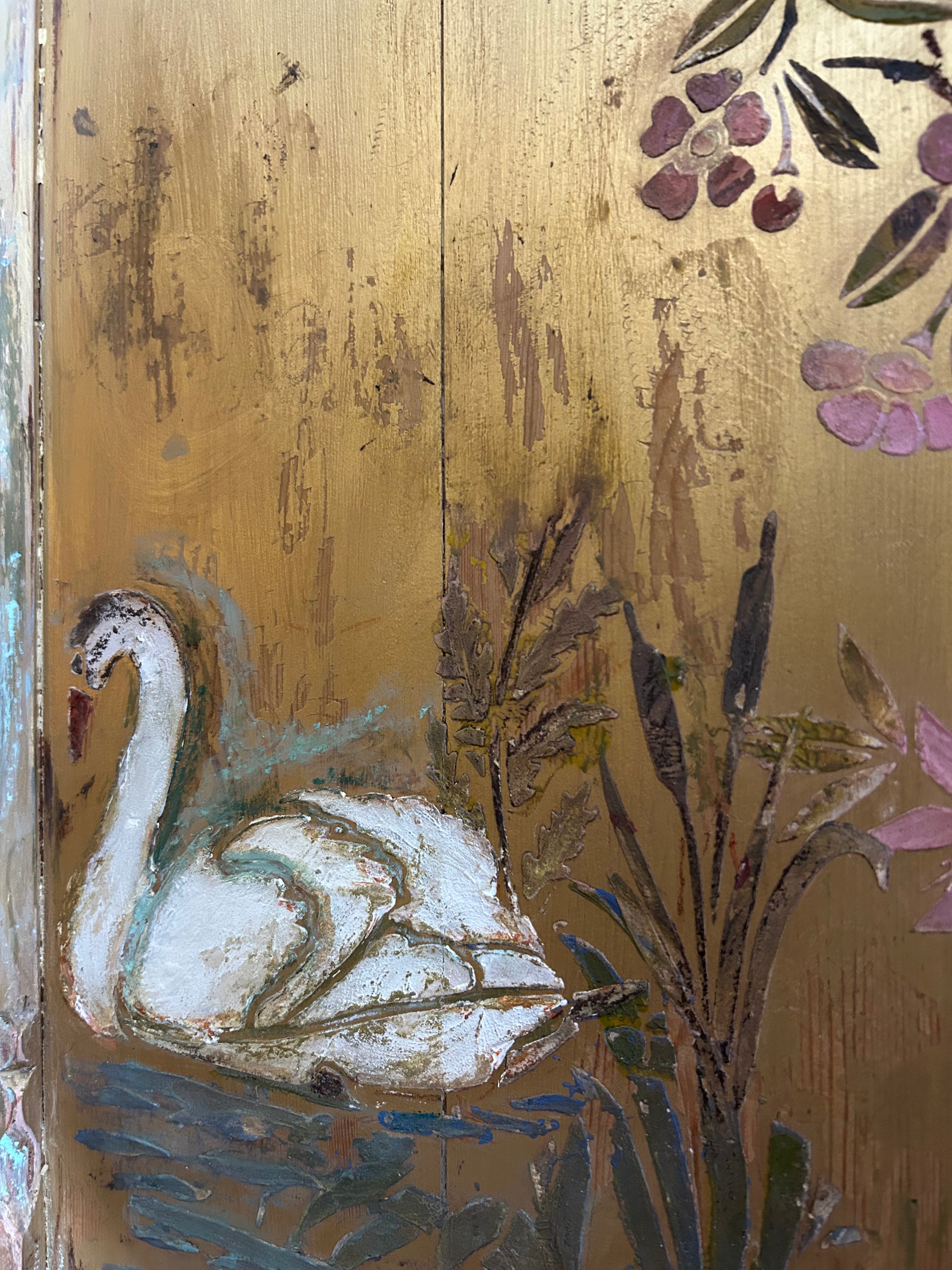 Antique Painted Pine Wardrobe with Chinoiserie Panels