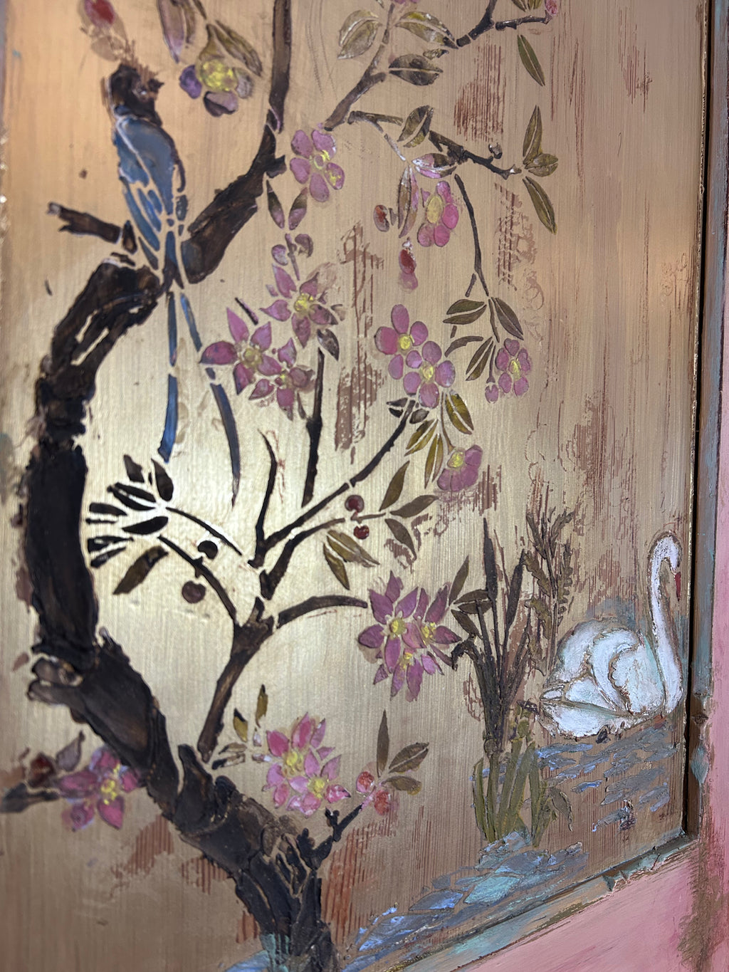 Antique Painted Pine Wardrobe with Chinoiserie Panels